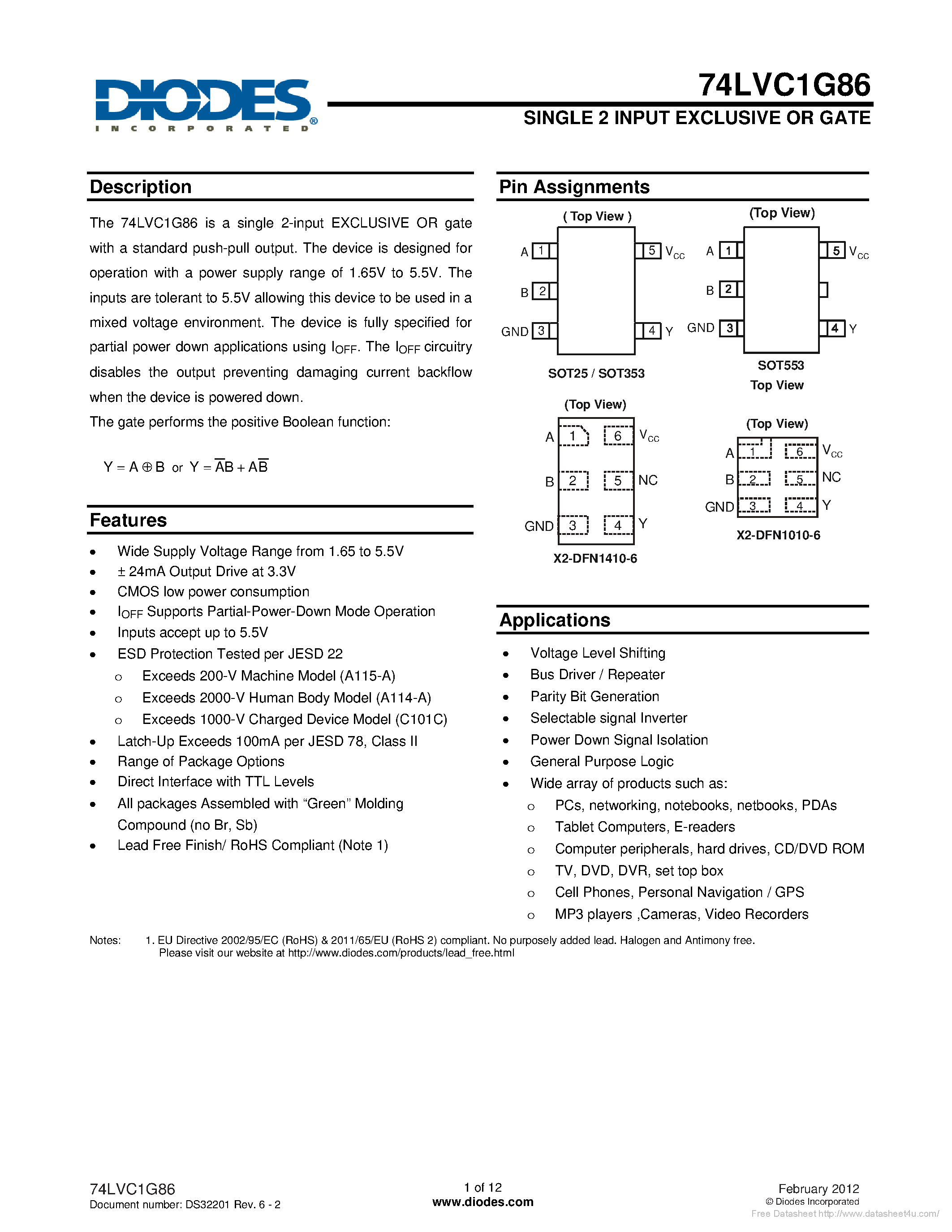 Datasheet 74LVC1G86 - page 1