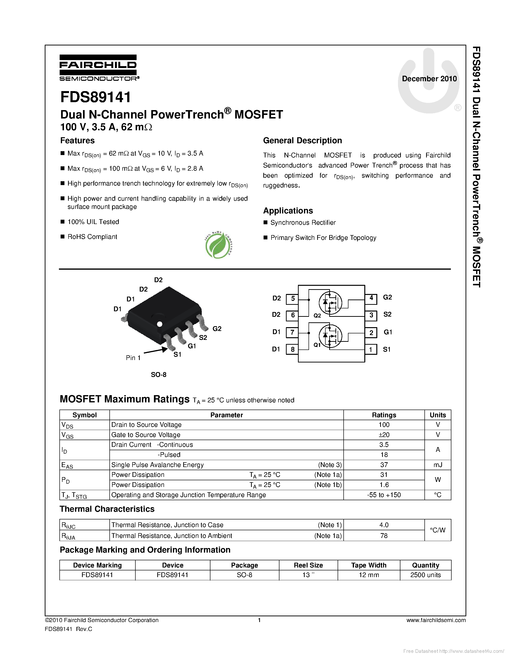 Datasheet FDS89141 page 1 Datasheet FDS89141 - page 1