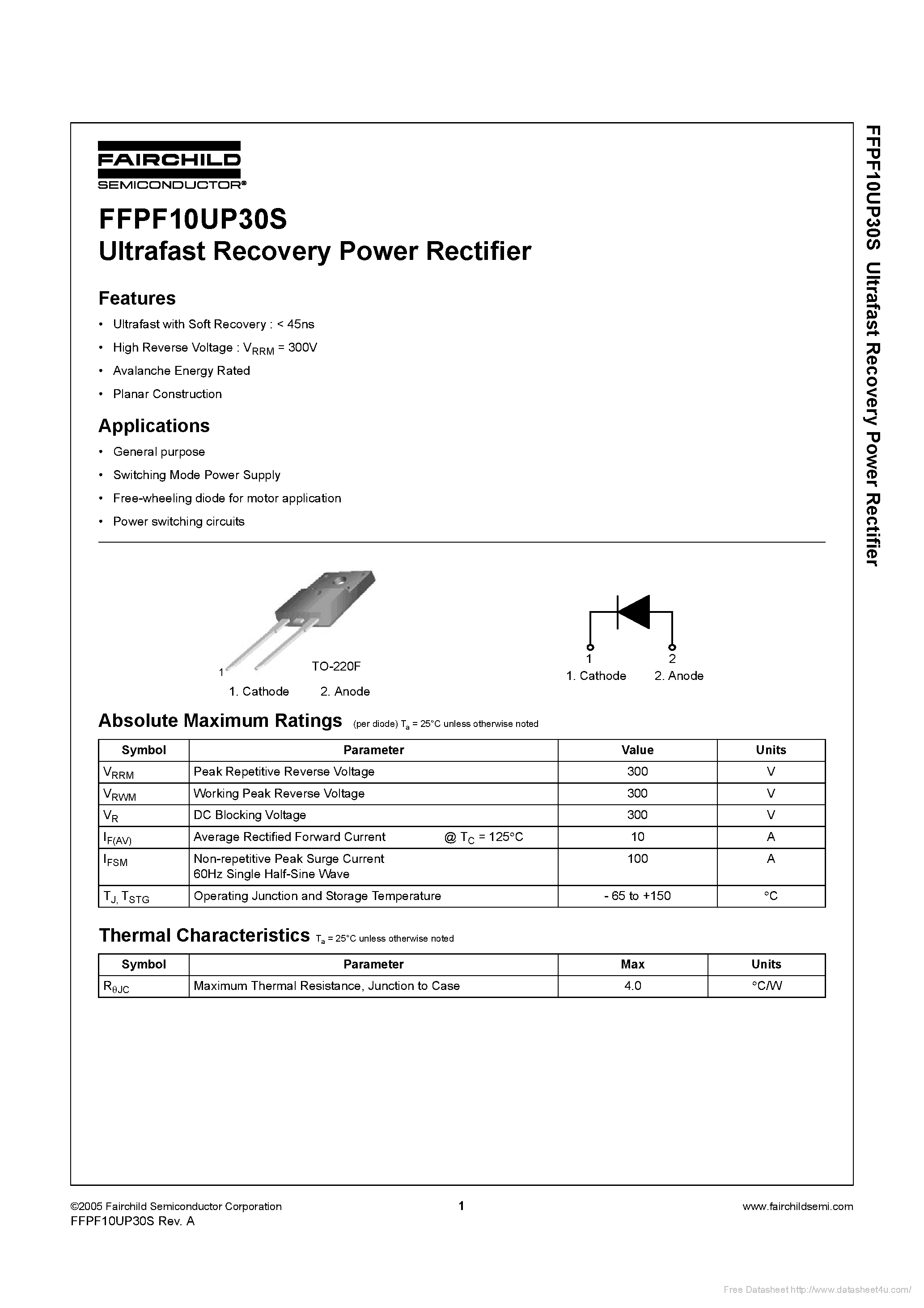 Даташит на микросхему FFPF10UP30S страница 1 Даташит FFPF10UP30S - страница 1