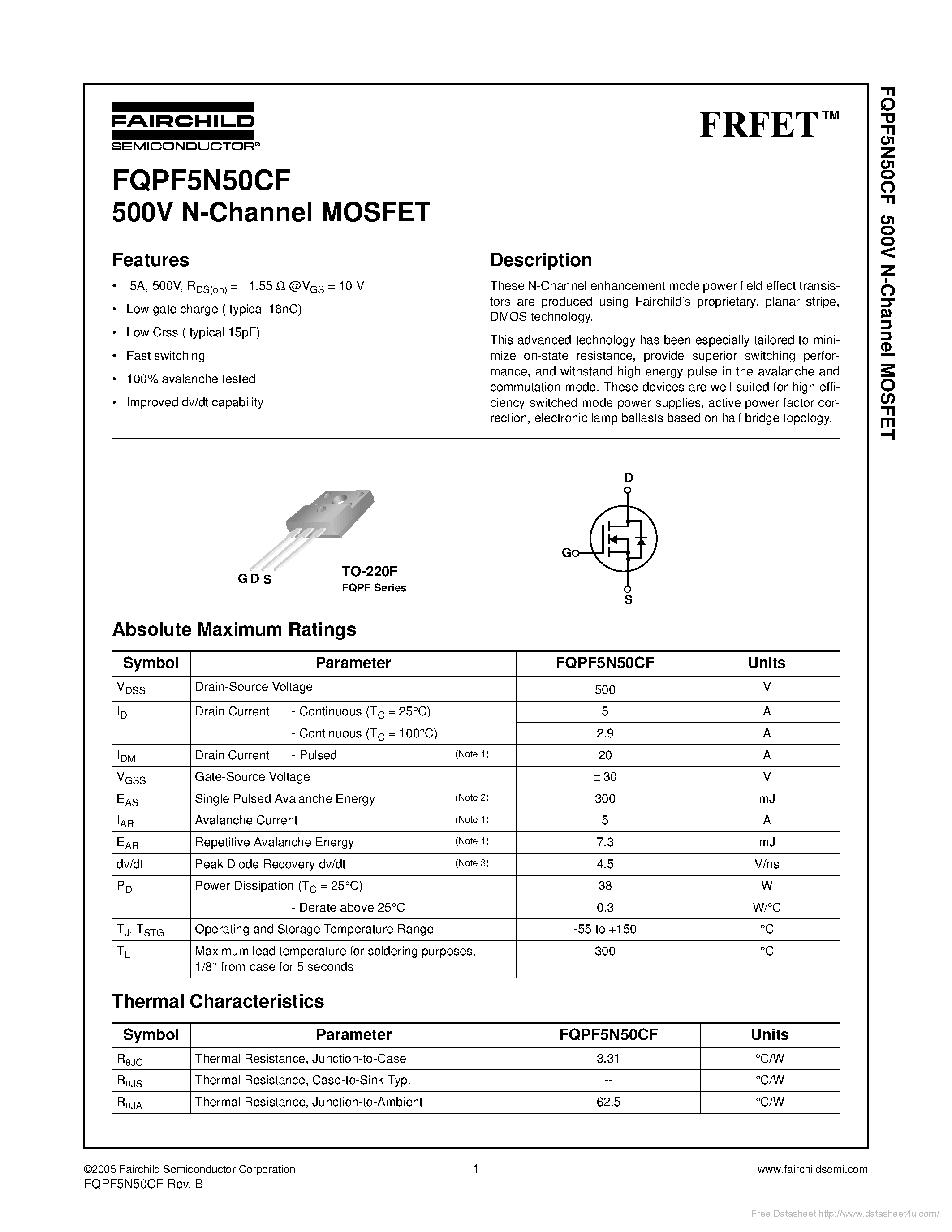 Datasheet FQPF5N50CF page 1 Datasheet FQPF5N50CF - page 1
