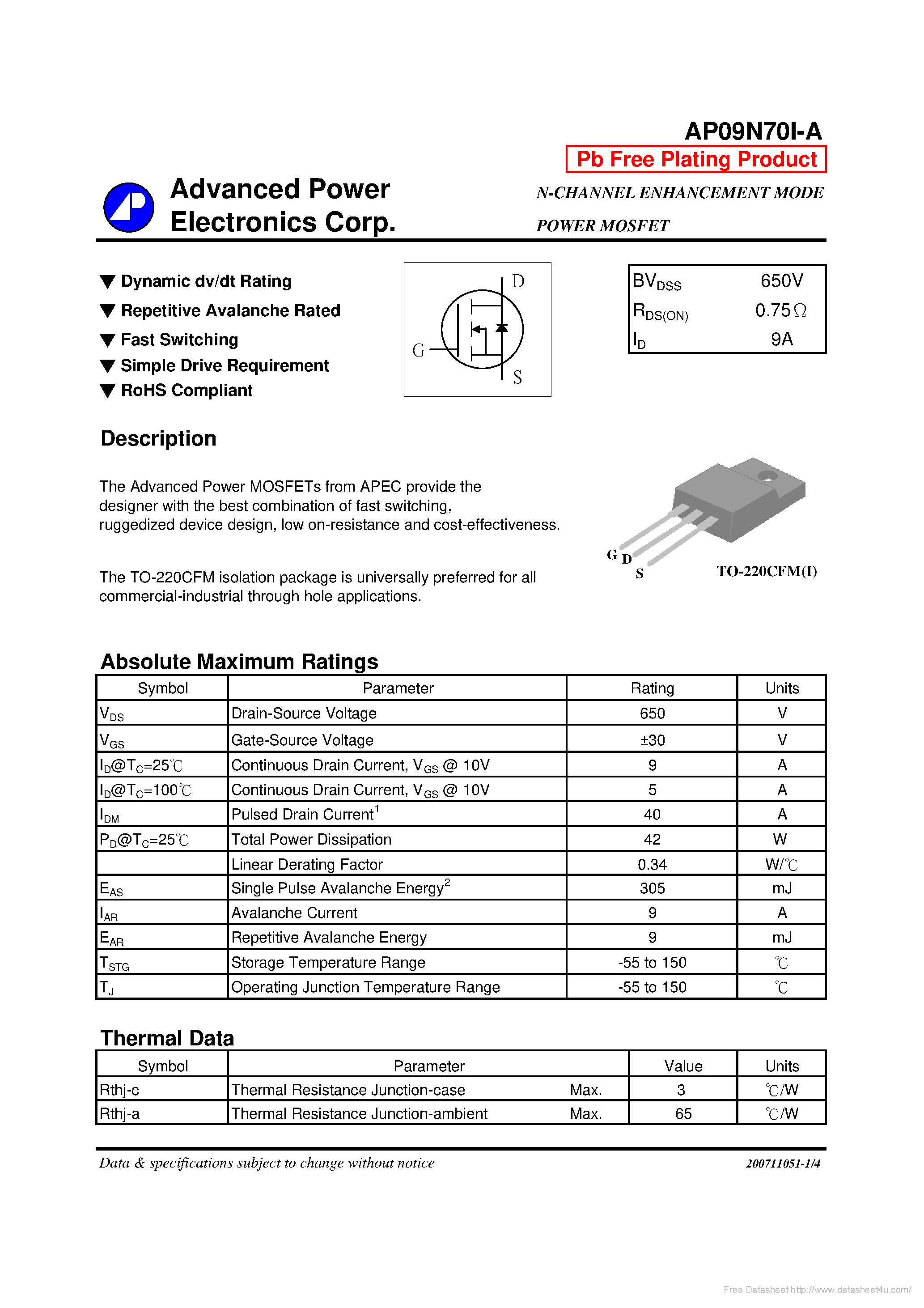 Datasheet AP09N70I-A - page 1