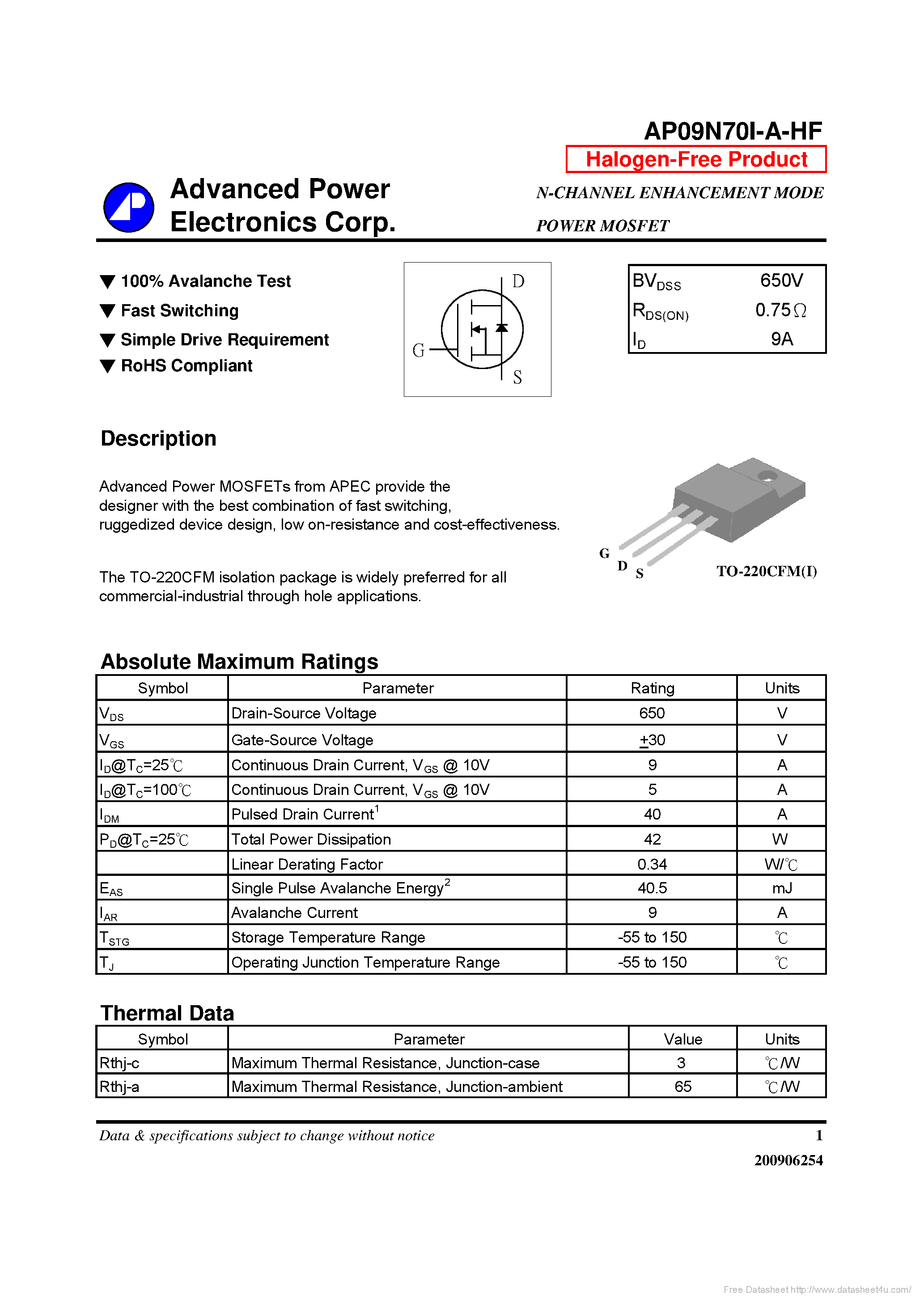 Datasheet AP09N70I-A-HF - page 1