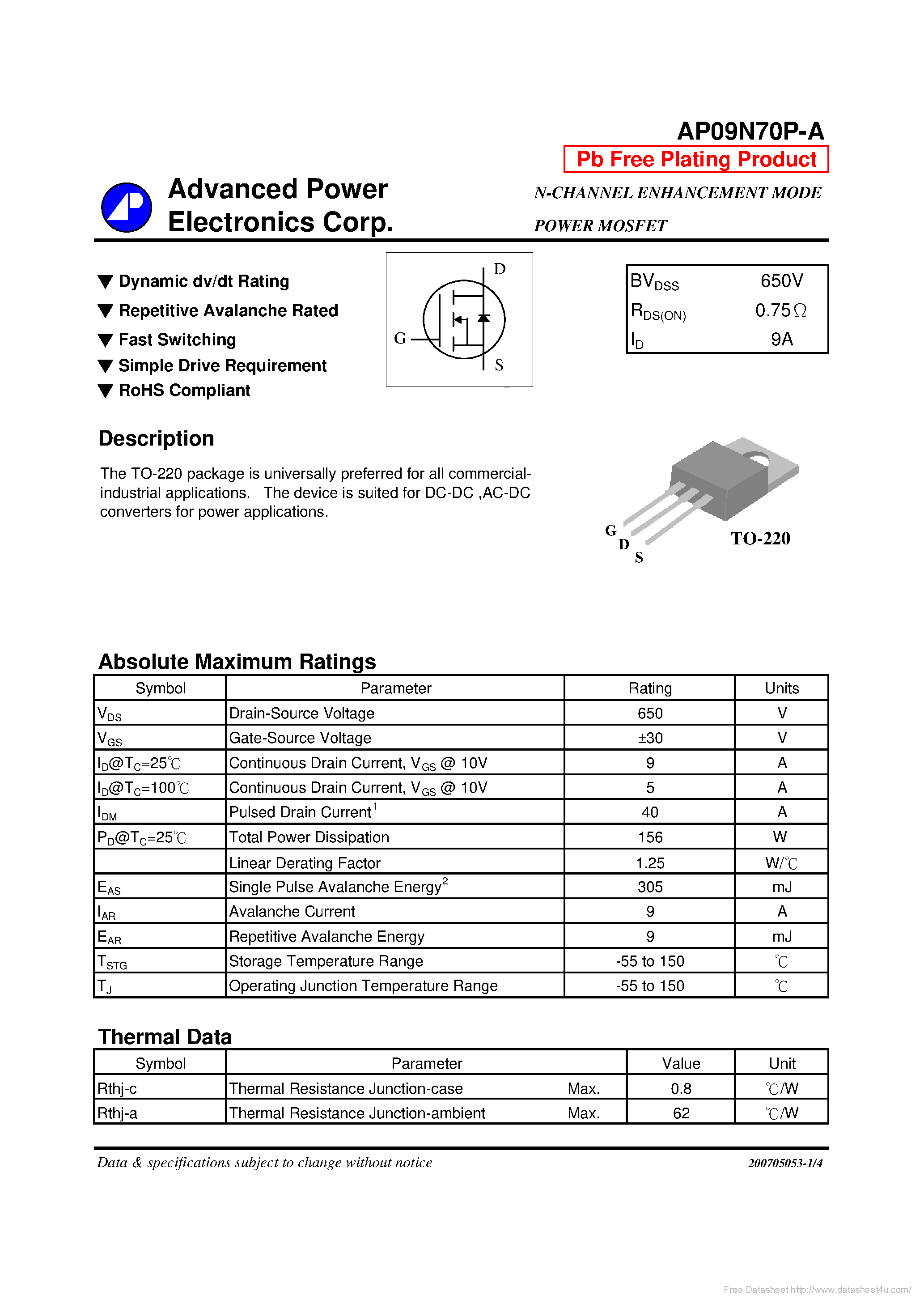 Datasheet AP09N70P-A page 1 Datasheet AP09N70P-A - page 1