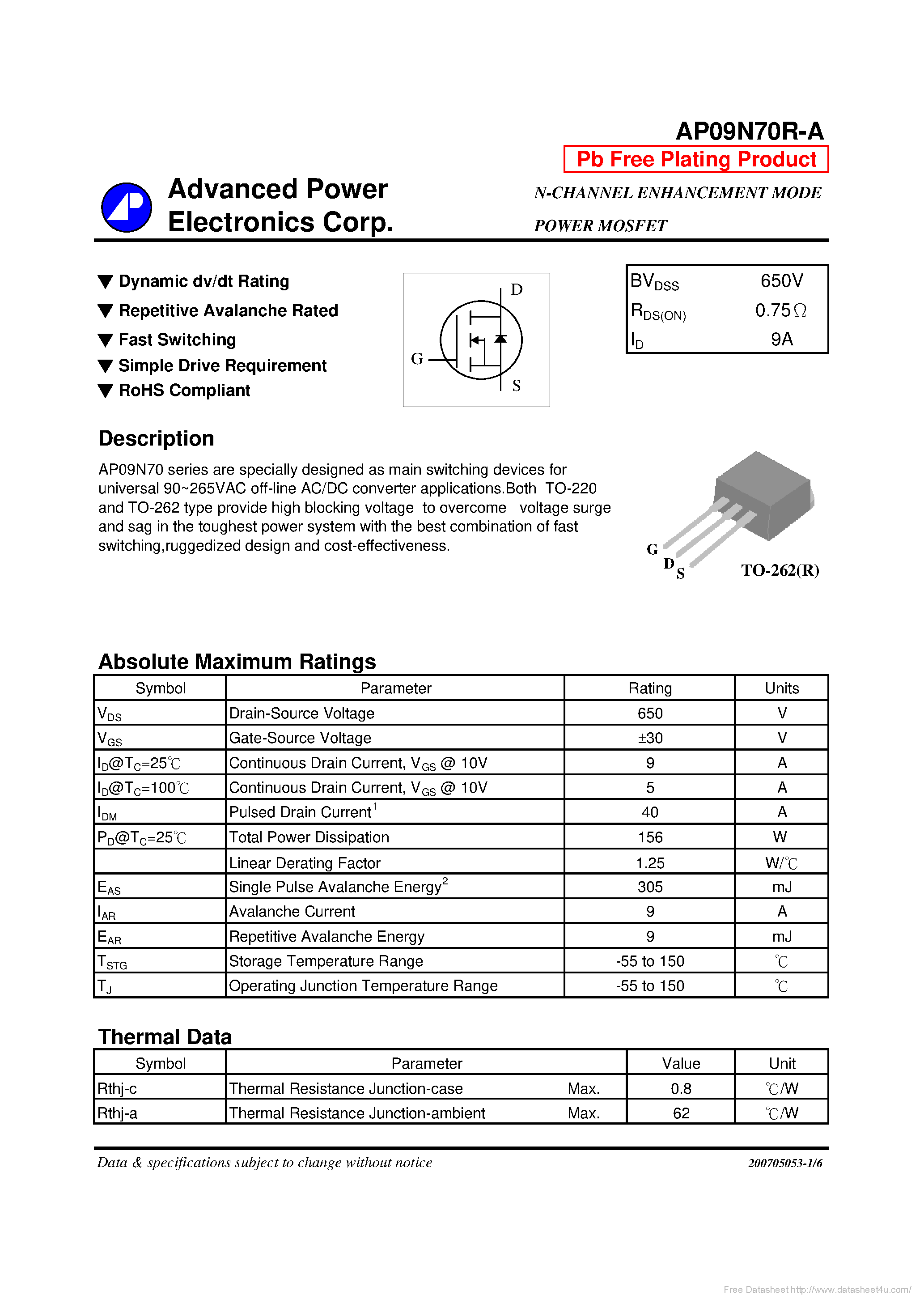 Datasheet AP09N70R-A page 1 Datasheet AP09N70R-A - page 1