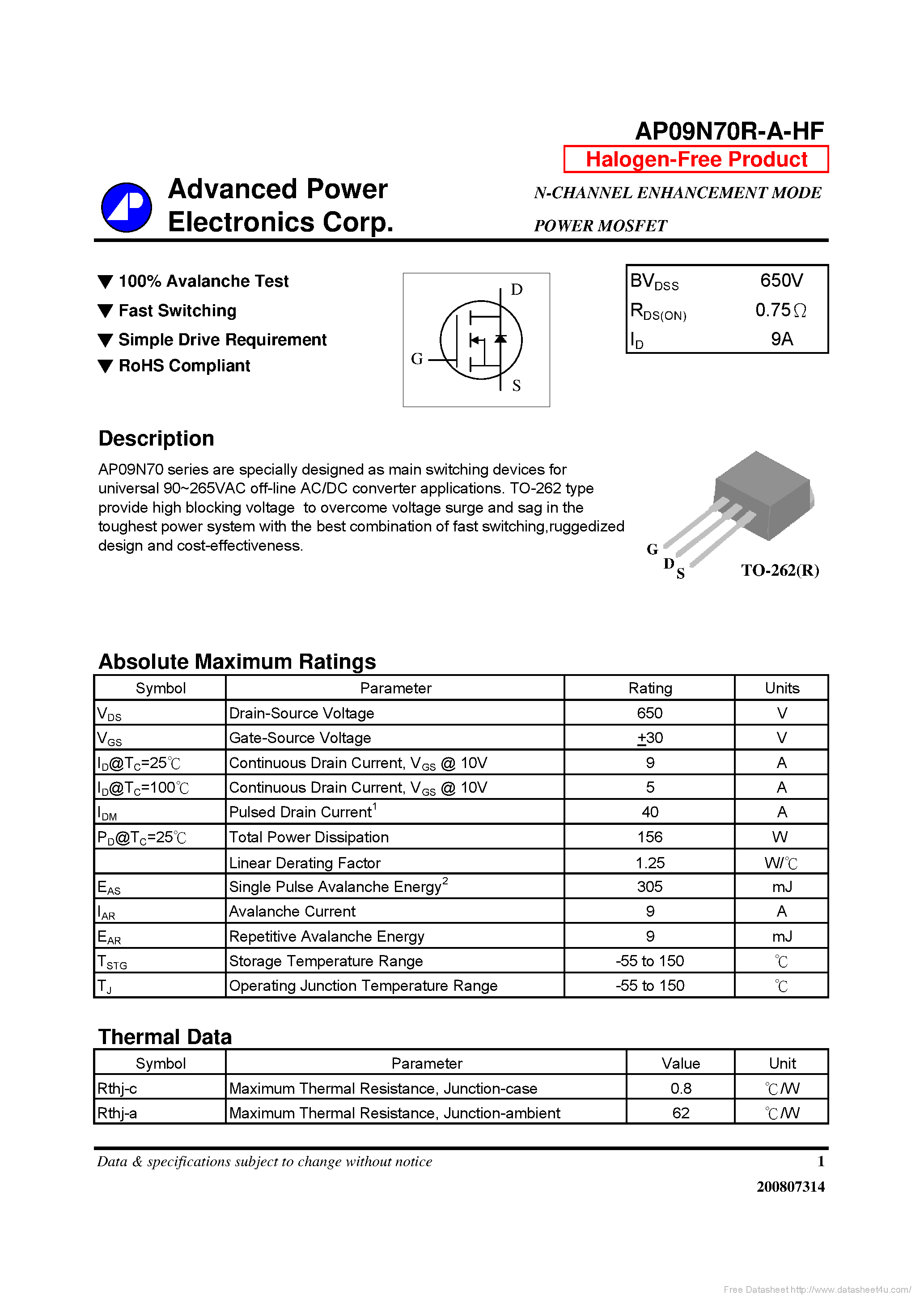 Datasheet AP09N70R-A-HF - page 1