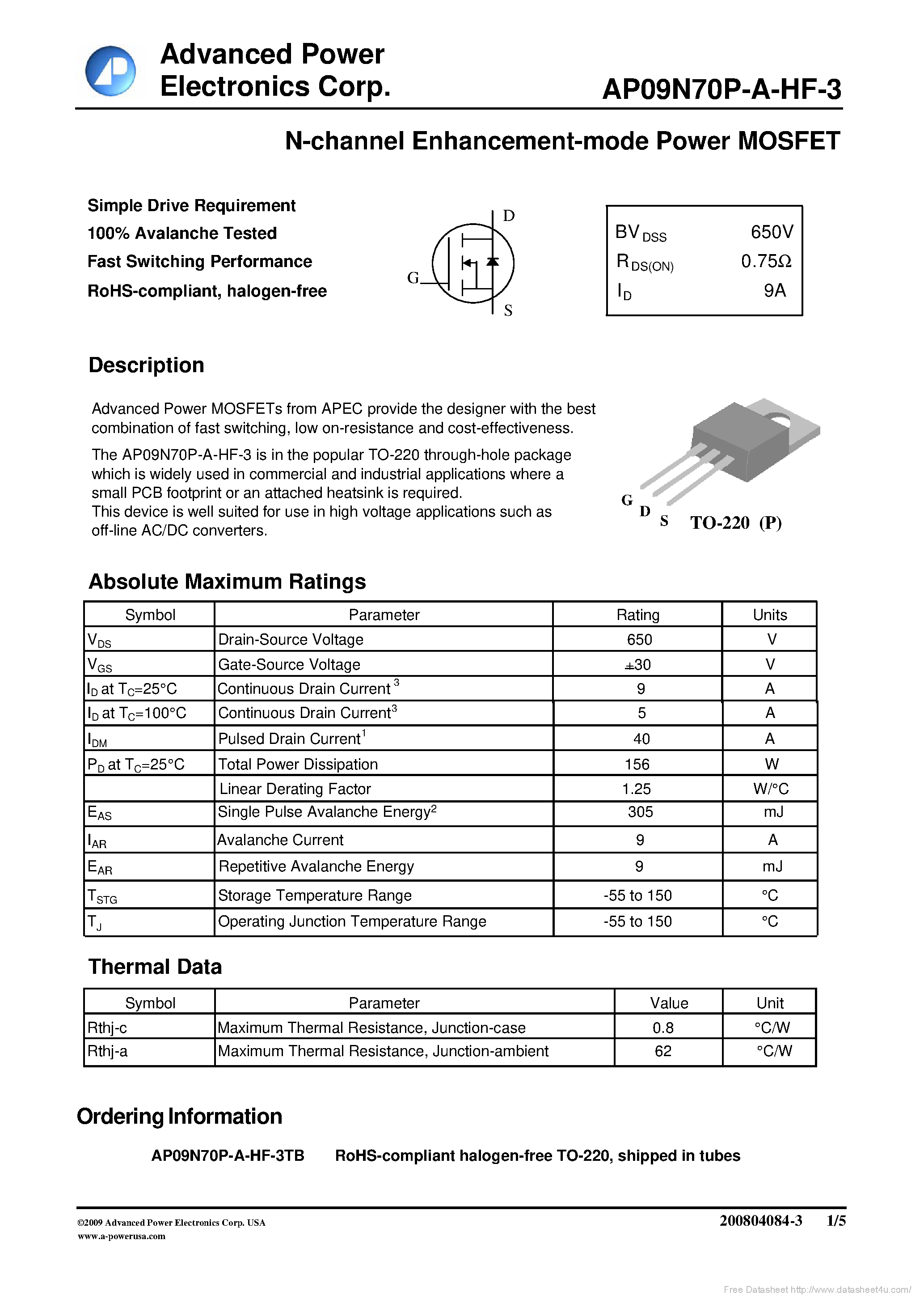 Datasheet AP09N70P-A-HF-3 page 1 Datasheet AP09N70P-A-HF-3 - page 1