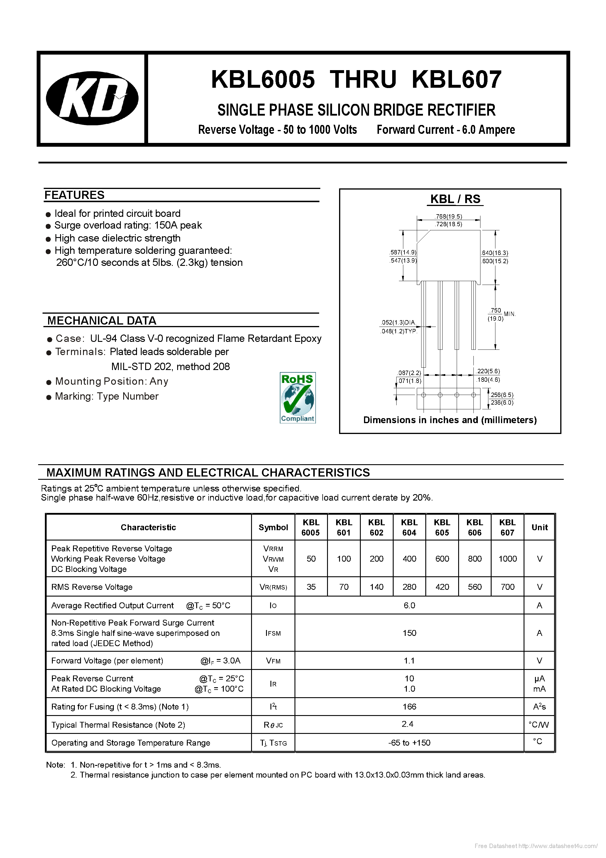 Datasheet KBL6005 page 1 Datasheet KBL6005 - page 1