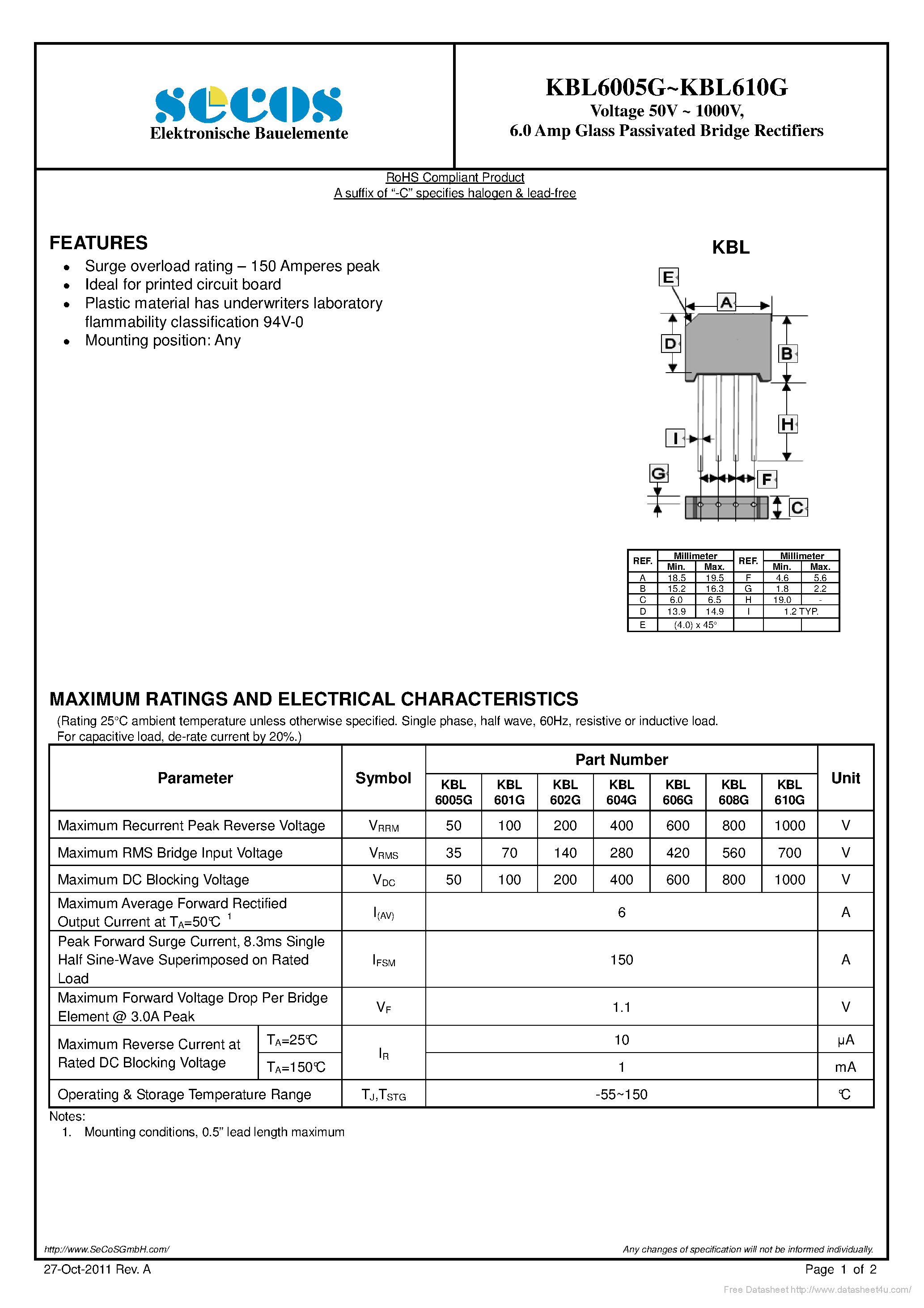 Datasheet KBL6005G page 1 Datasheet KBL6005G - page 1