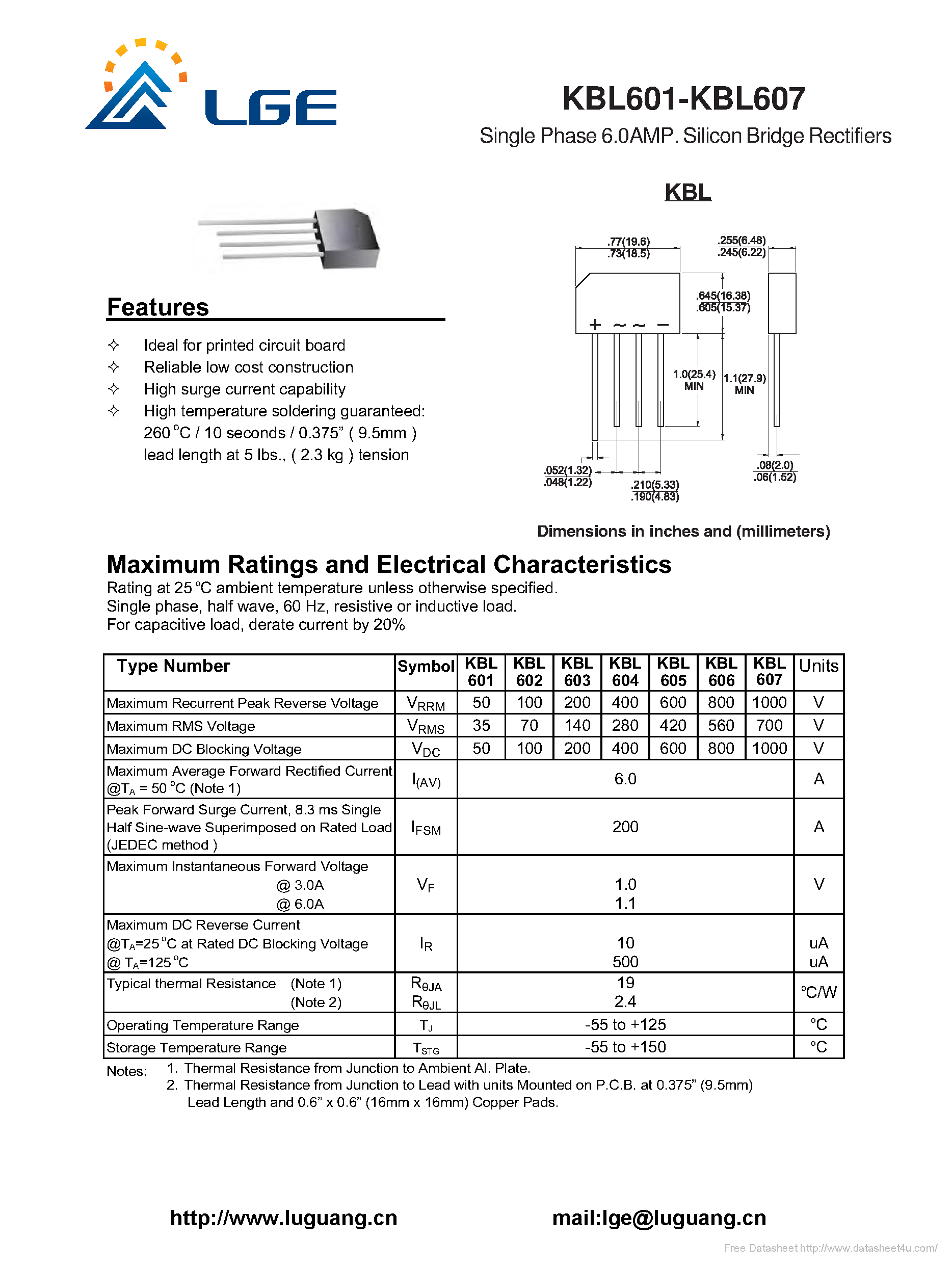 Datasheet KBL601 page 1 Datasheet KBL601 - page 1