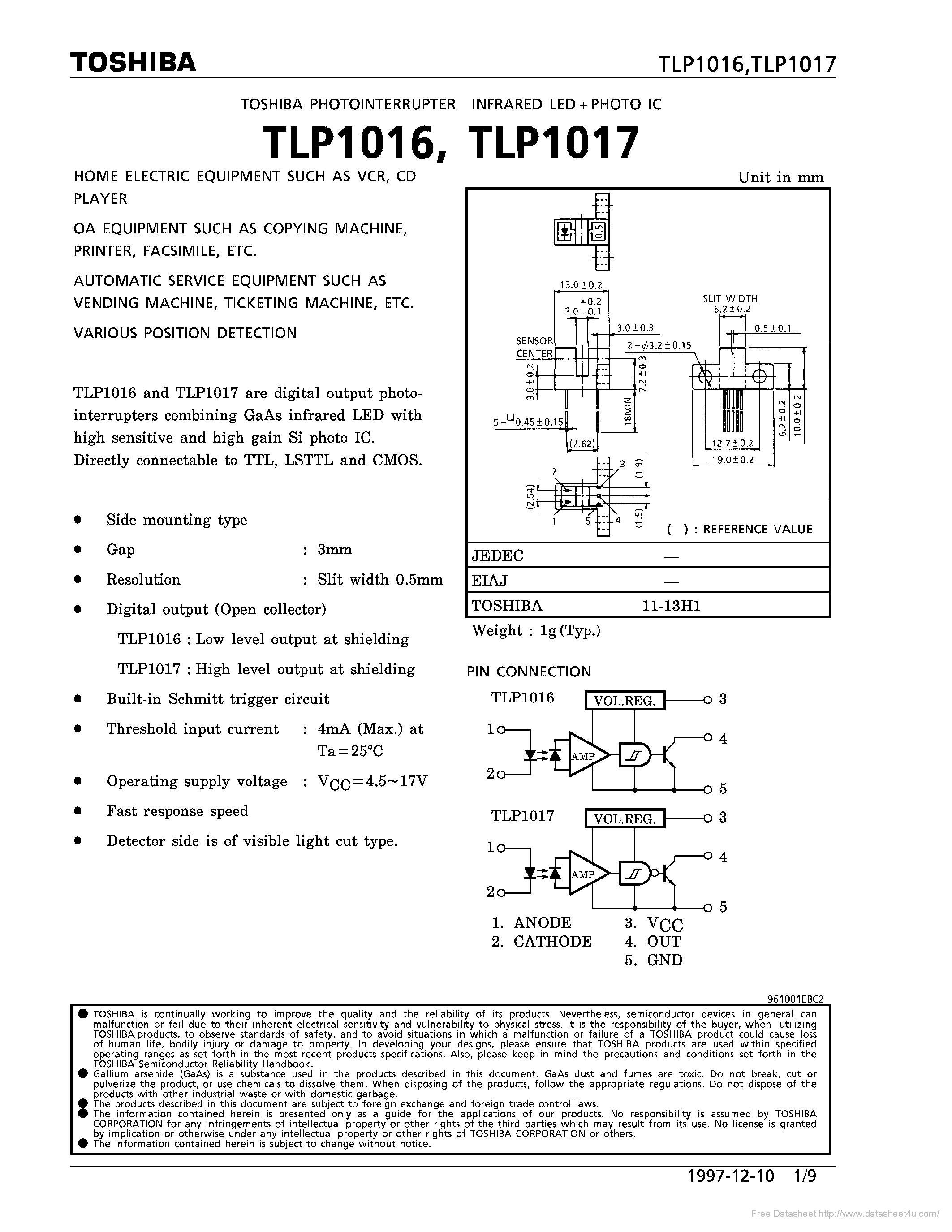 Datasheet TLP1016 page 1 Datasheet TLP1016 - page 1