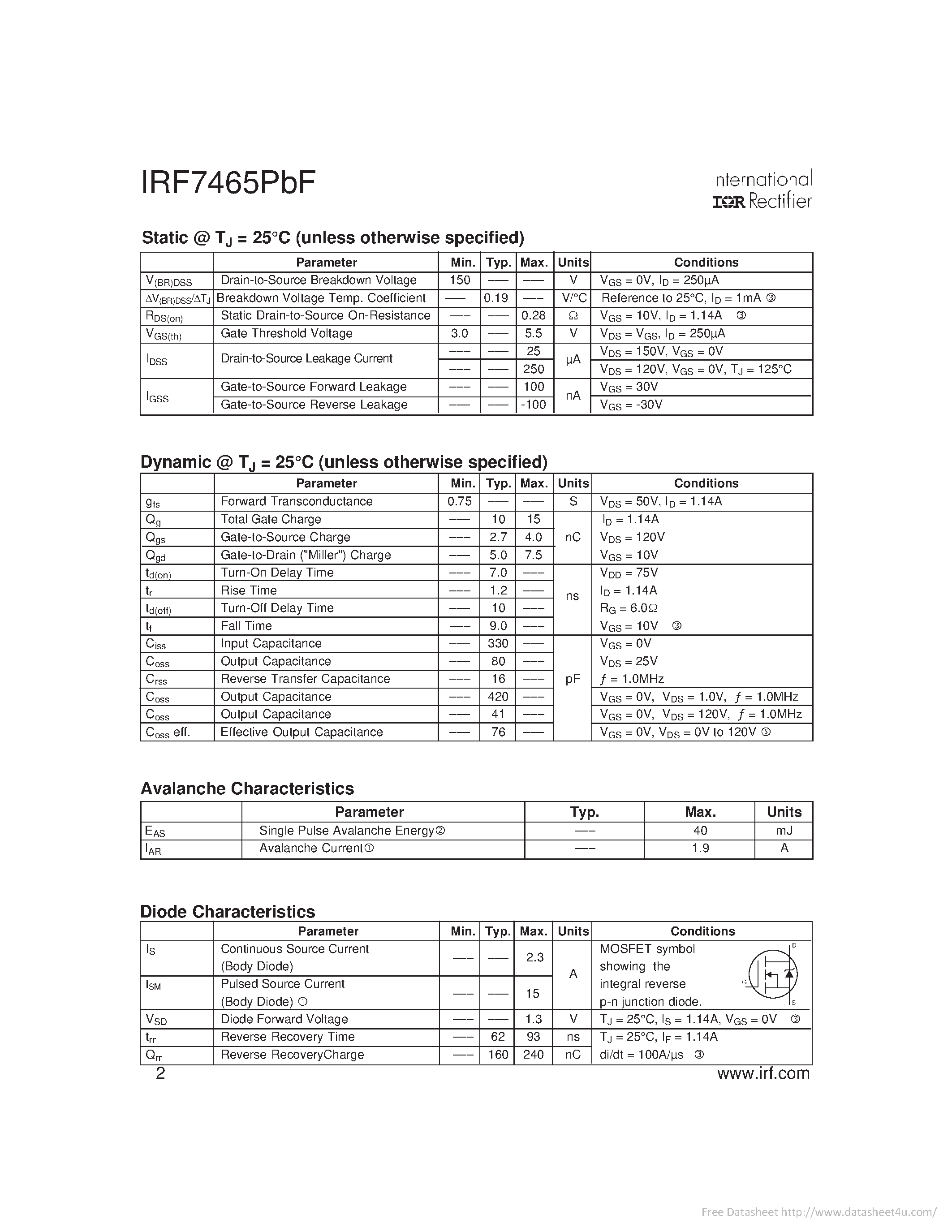 Datasheet IRF7465PBF page 2 Datasheet IRF7465PBF - page 2