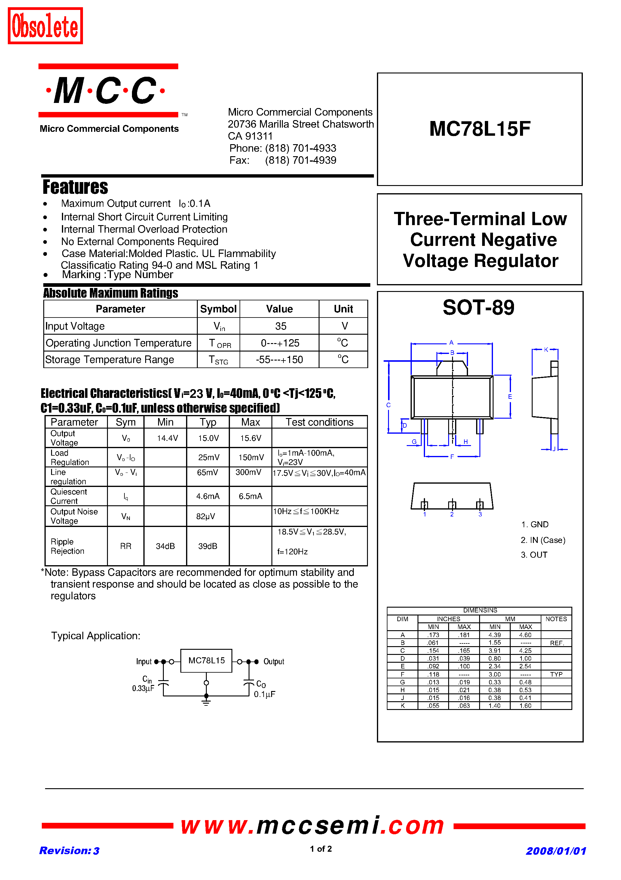 Даташит на микросхему MC78L15F страница 2 Даташит MC78L15F - страница 2