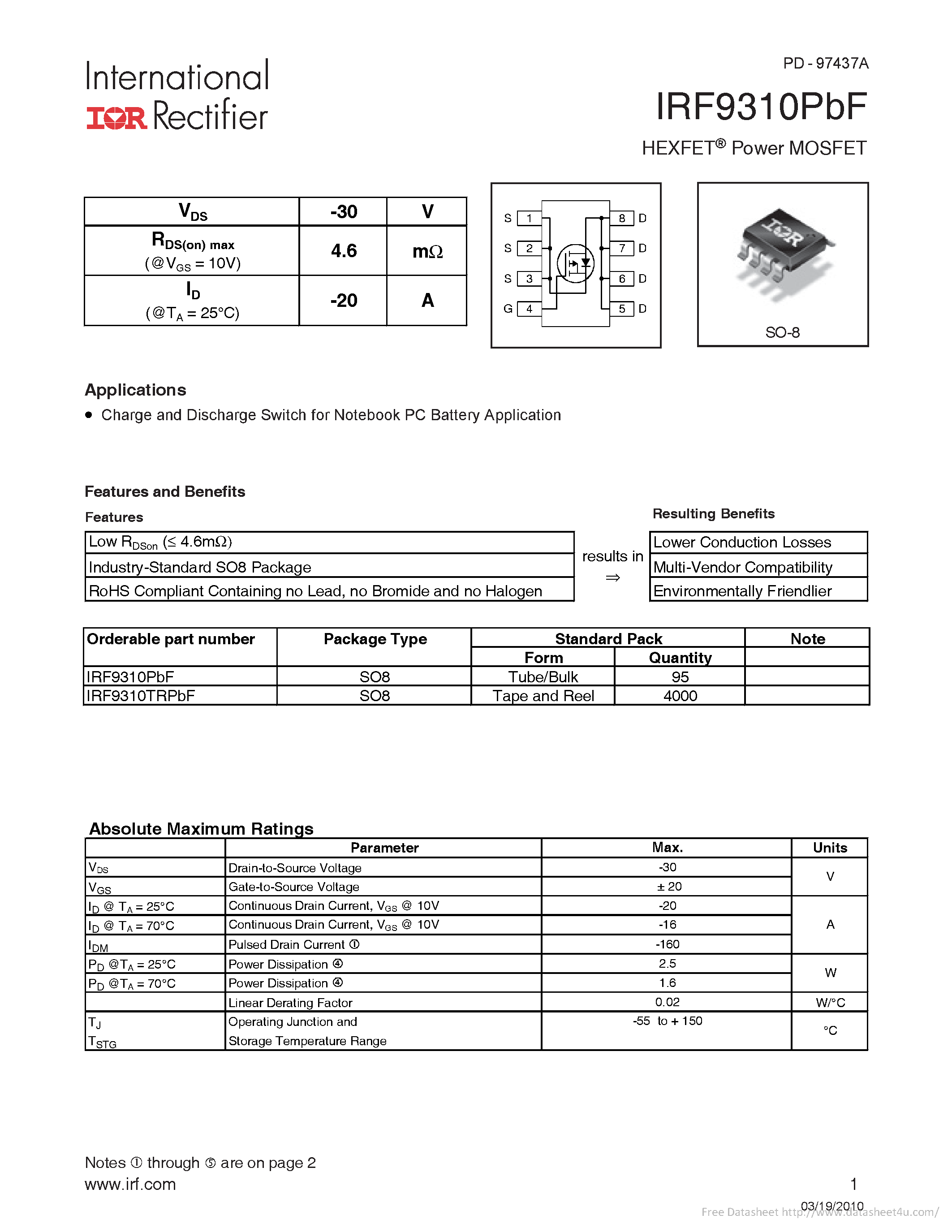 Даташит на микросхему IRF9310PBF страница 1 Даташит IRF9310PBF - страница 1
