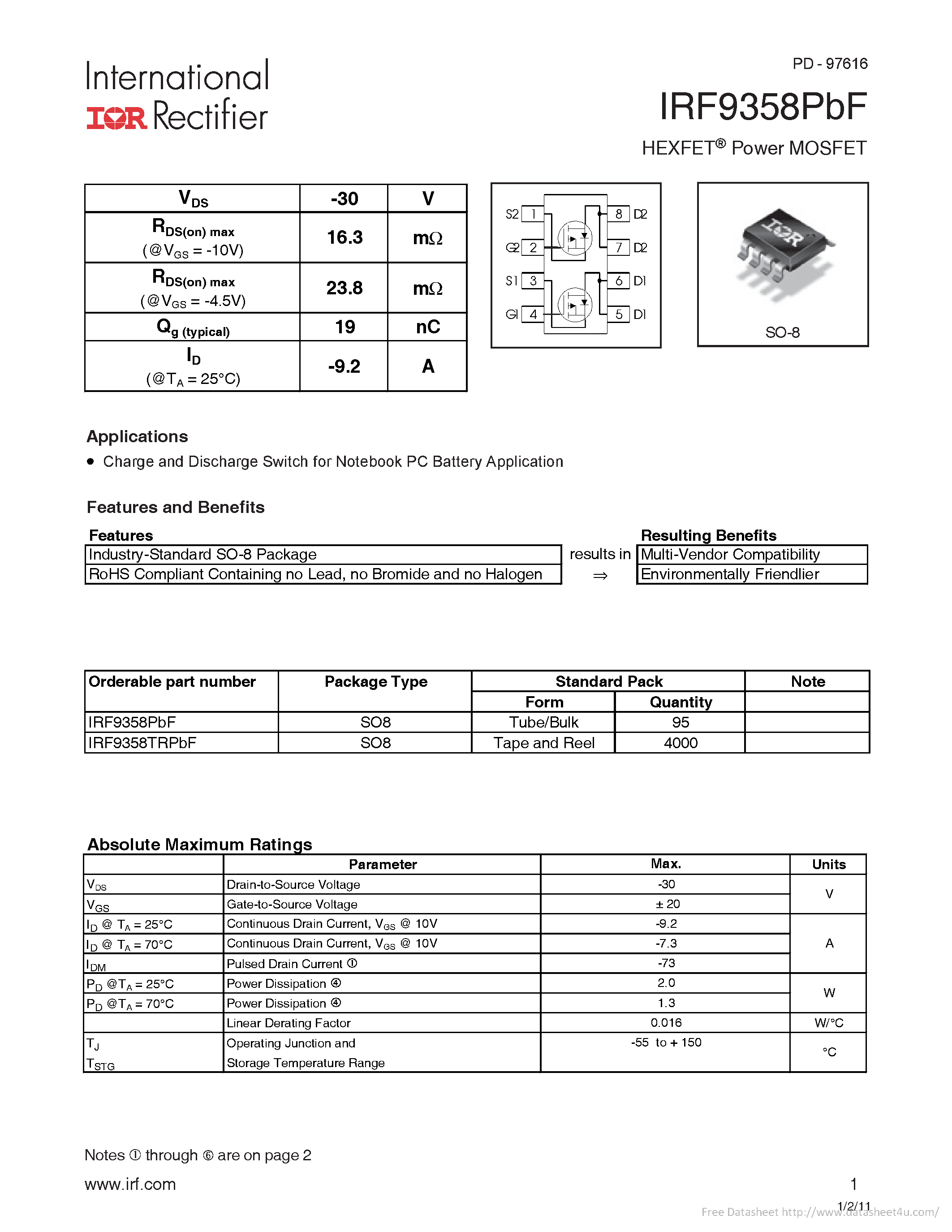 Даташит на микросхему IRF9358PBF страница 1 Даташит IRF9358PBF - страница 1