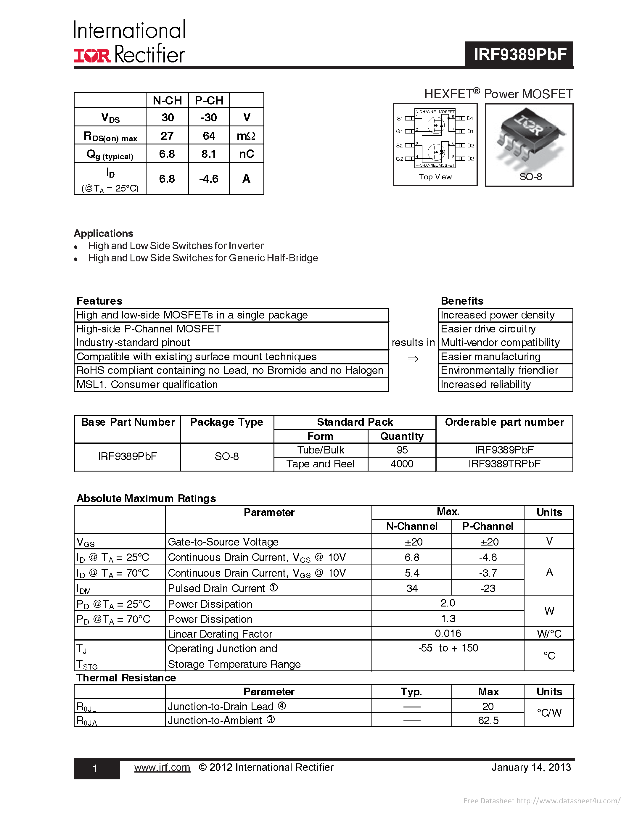 Даташит на микросхему IRF9389PBF страница 1 Даташит IRF9389PBF - страница 1
