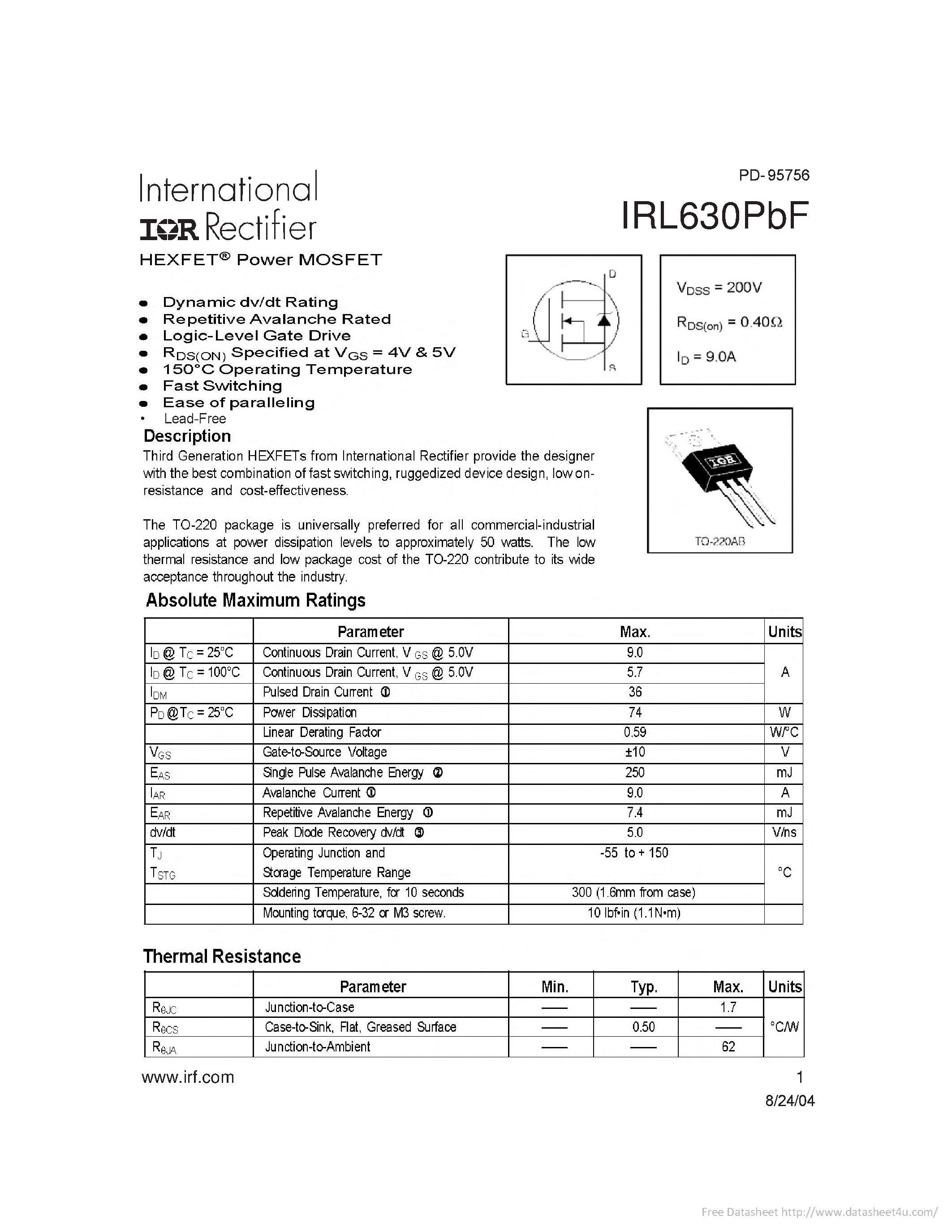 Datasheet IRL630PBF page 1 Datasheet IRL630PBF - page 1