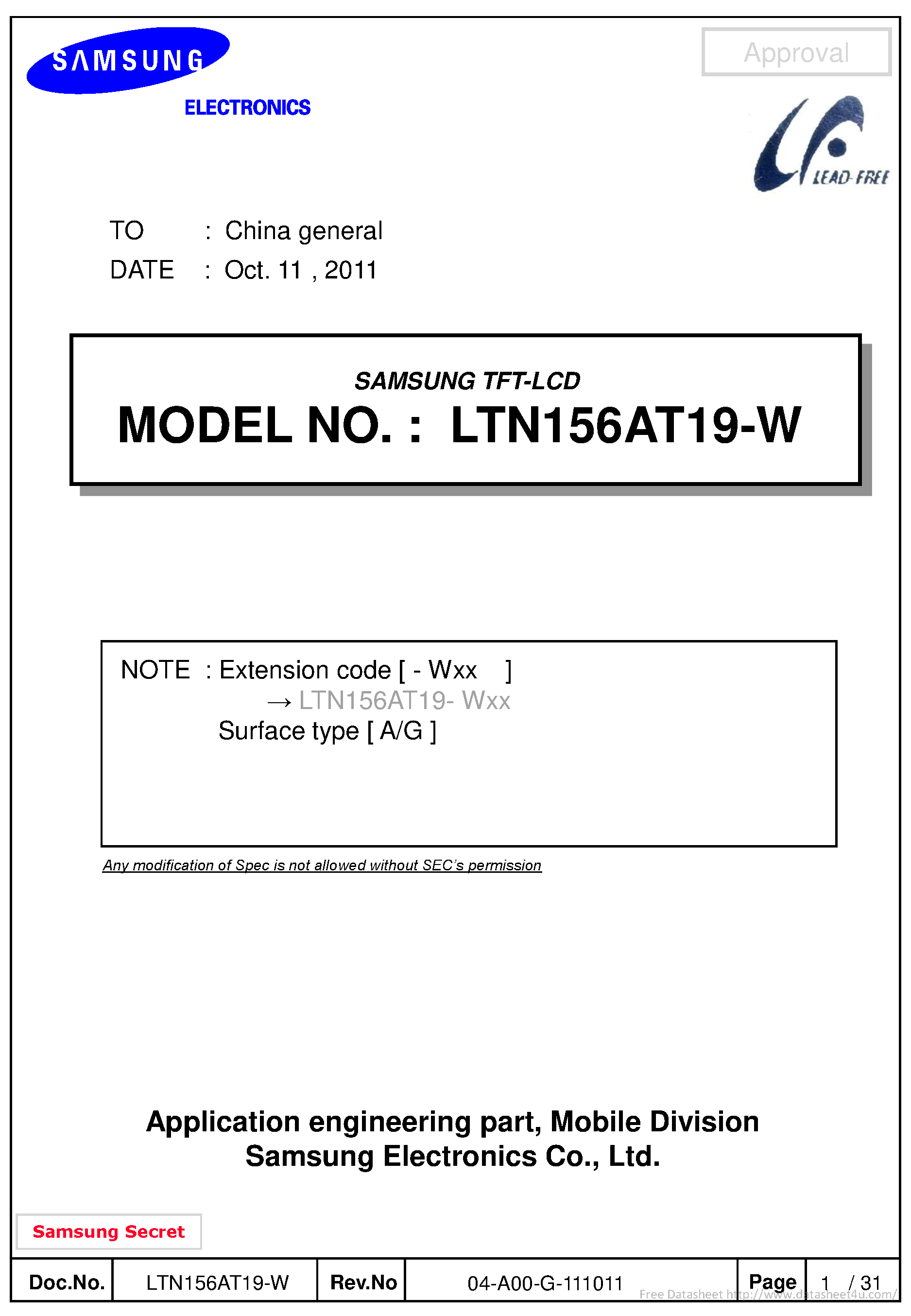 Datasheet LTN156AT19-W - page 1
