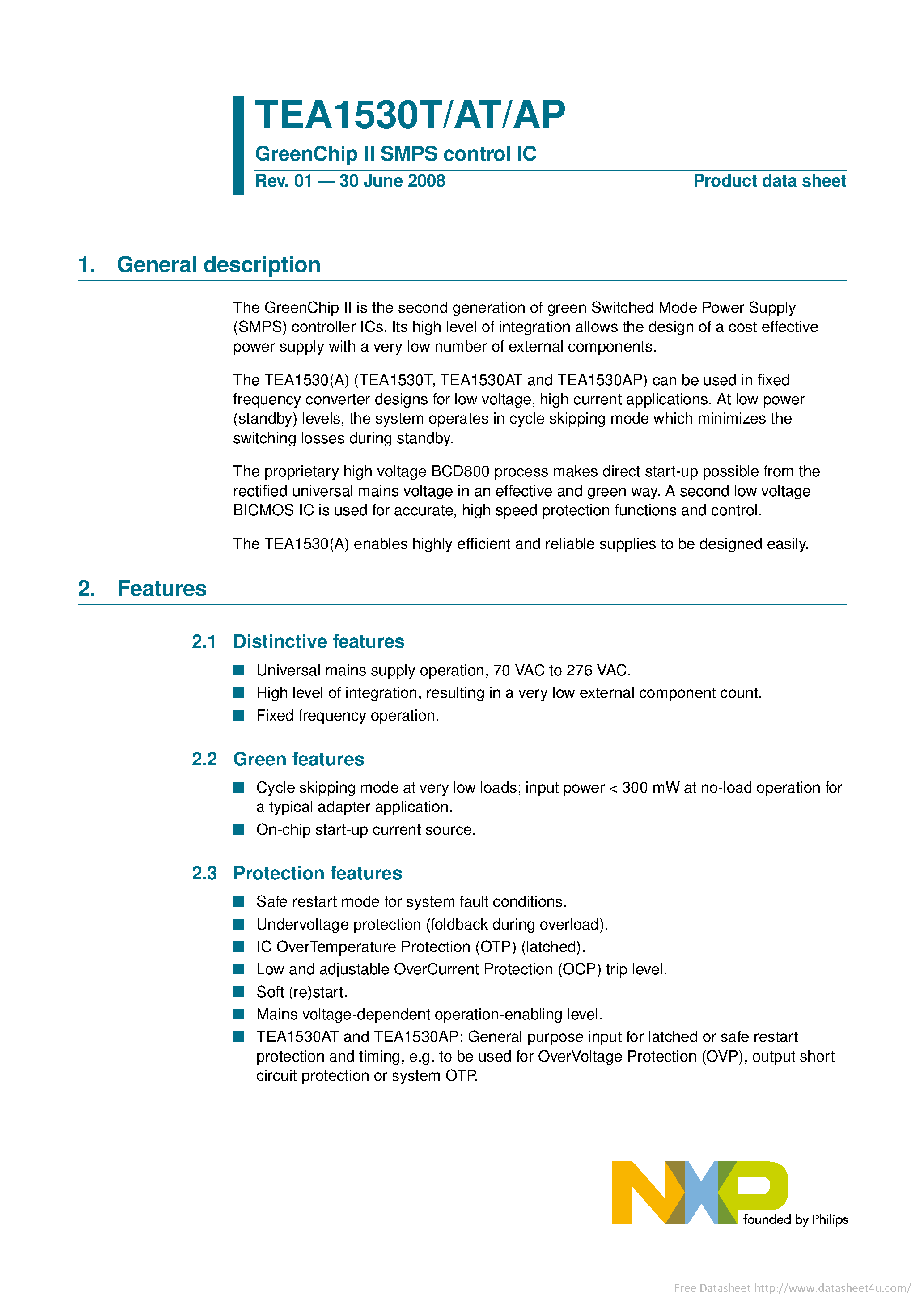 Datasheet TEA1530AP page 1 Datasheet TEA1530AP - page 1