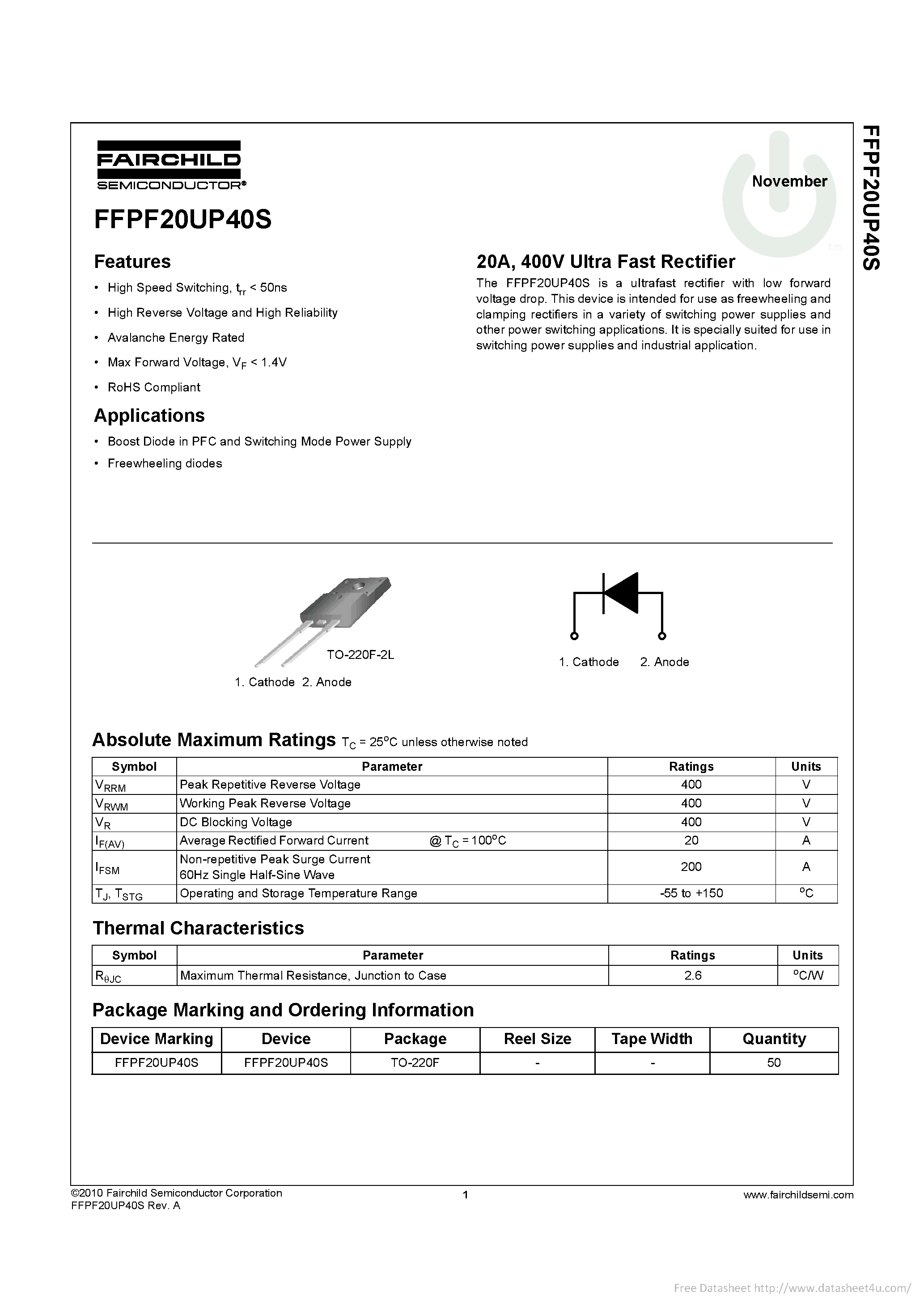 Даташит на микросхему FFPF20UP40S страница 1 Даташит FFPF20UP40S - страница 1