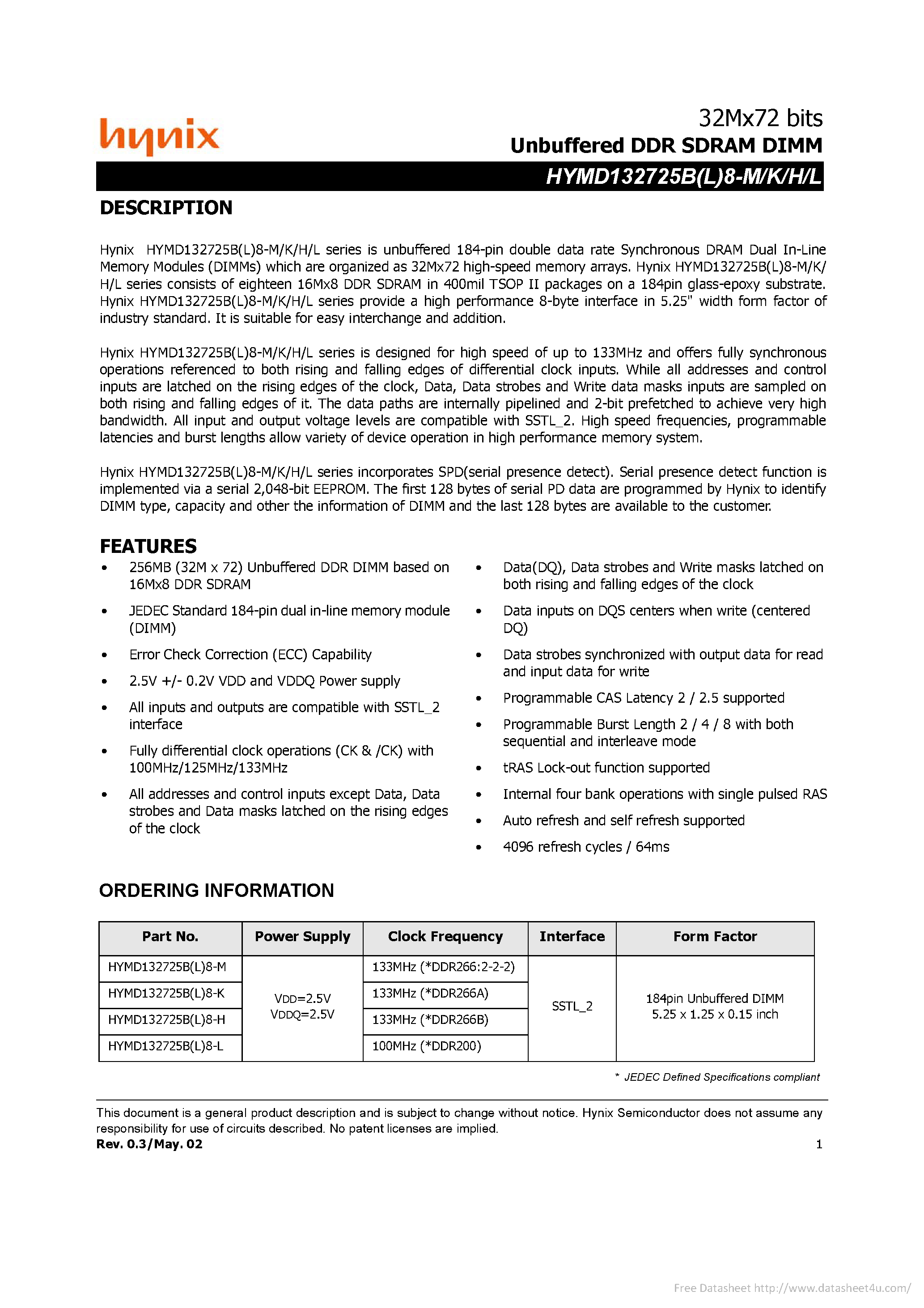Даташит на микросхему HYMD132725B8-H страница 1 Даташит HYMD132725B8-H - страница 1