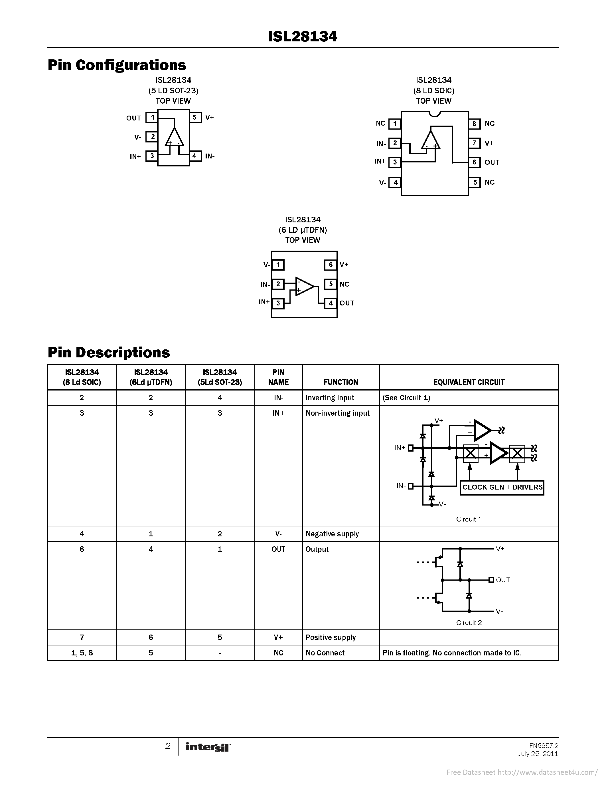 Datasheet ISL28134 page 2 Datasheet ISL28134 - page 2