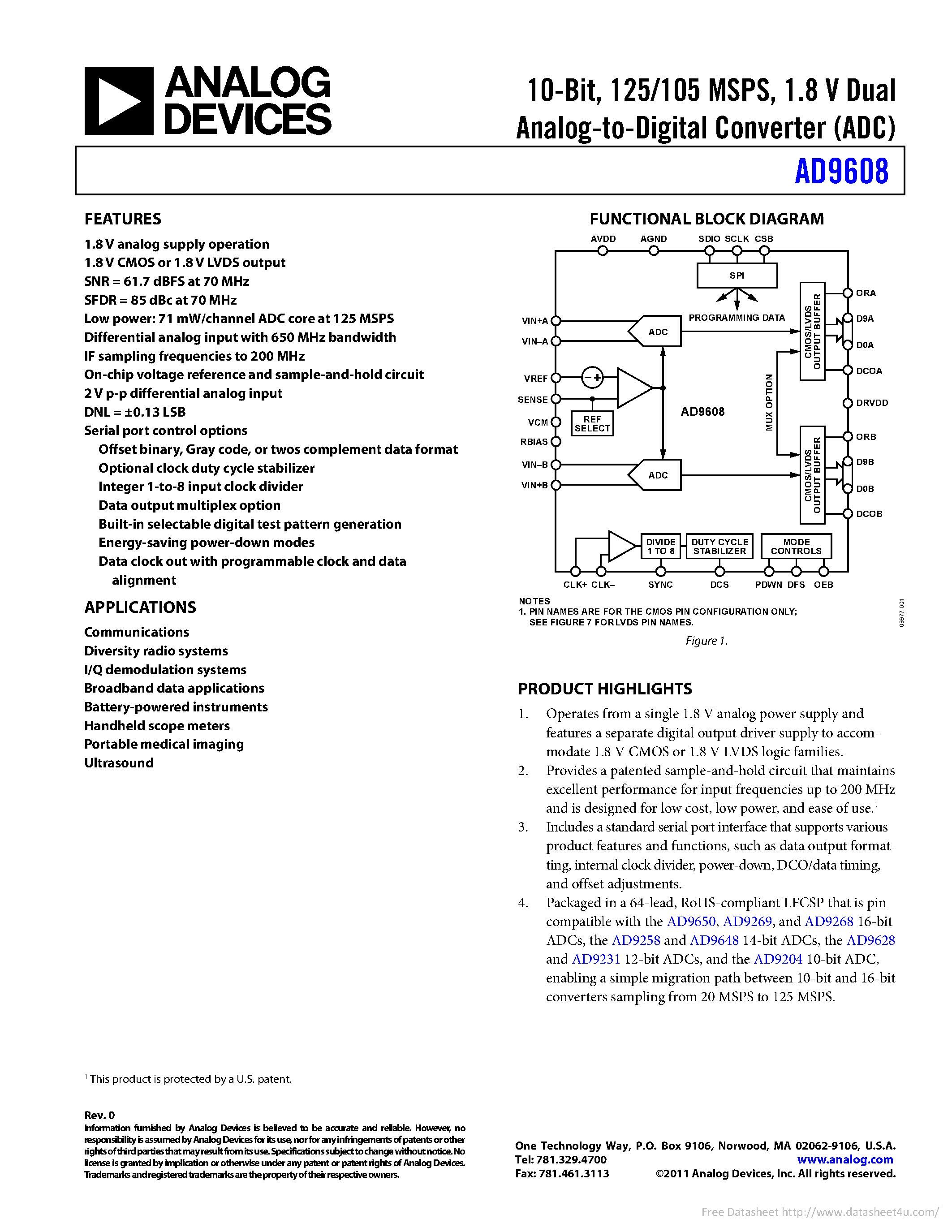 Даташит на микросхему AD9608 страница 1 Даташит AD9608 - страница 1