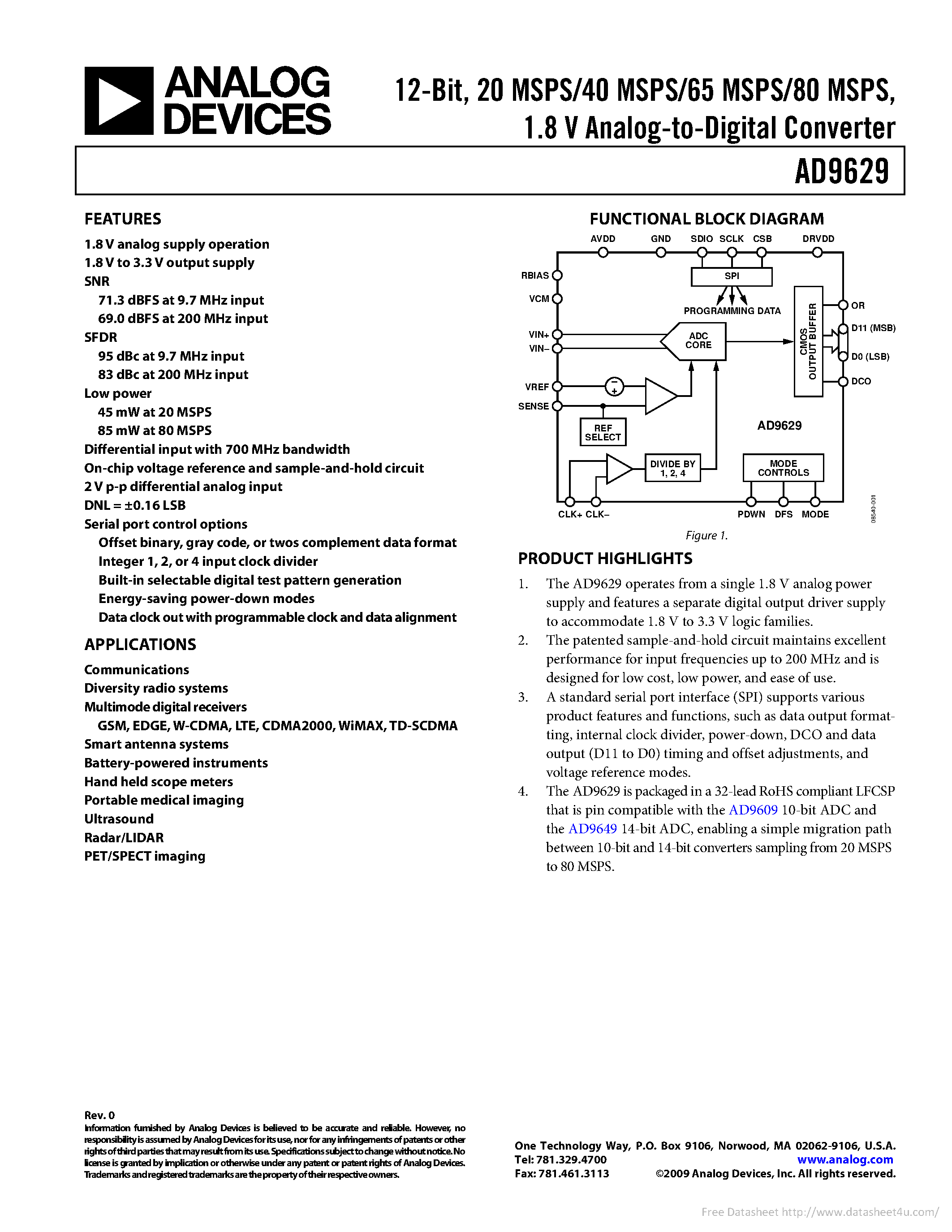 Даташит на микросхему AD9629 страница 1 Даташит AD9629 - страница 1