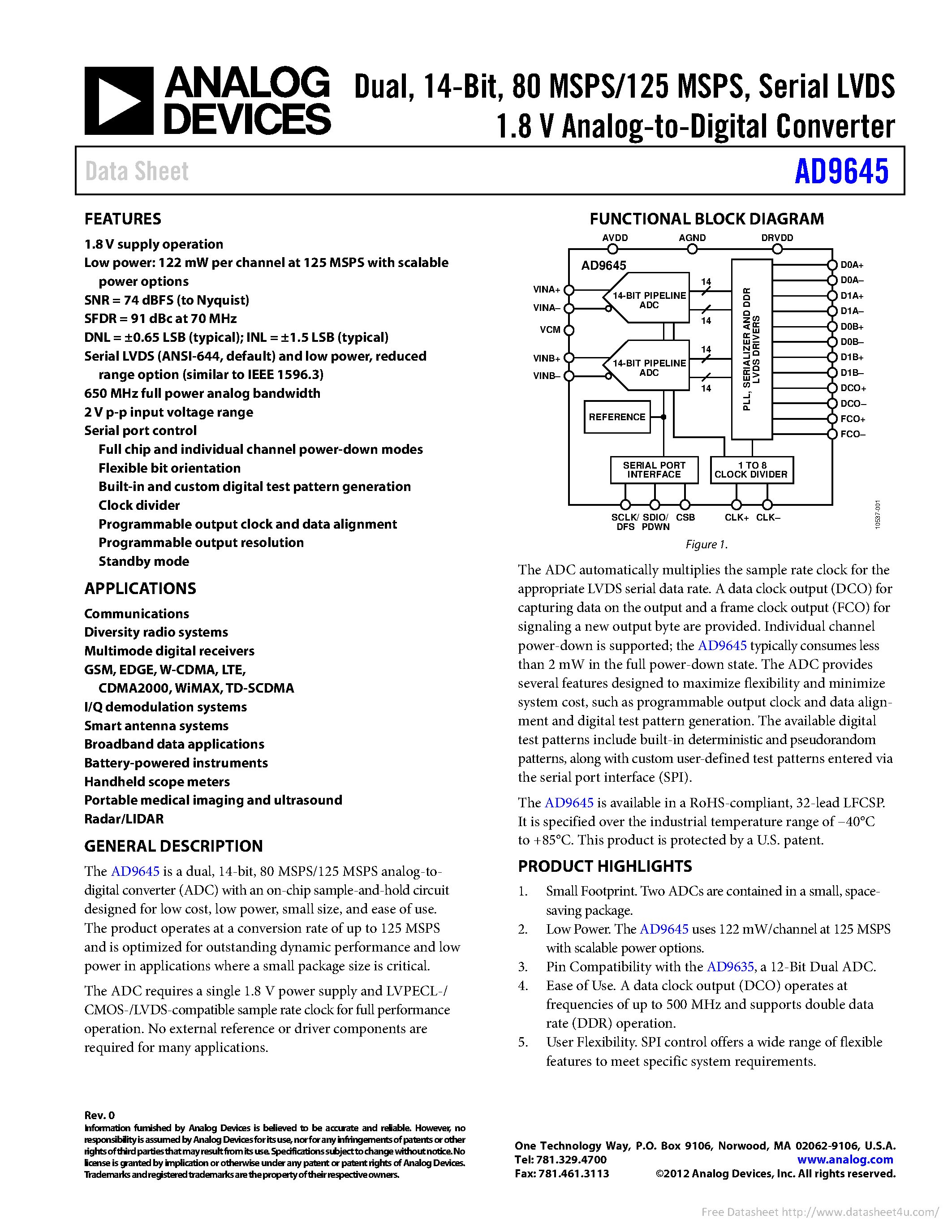 Даташит на микросхему AD9645 страница 1 Даташит AD9645 - страница 1