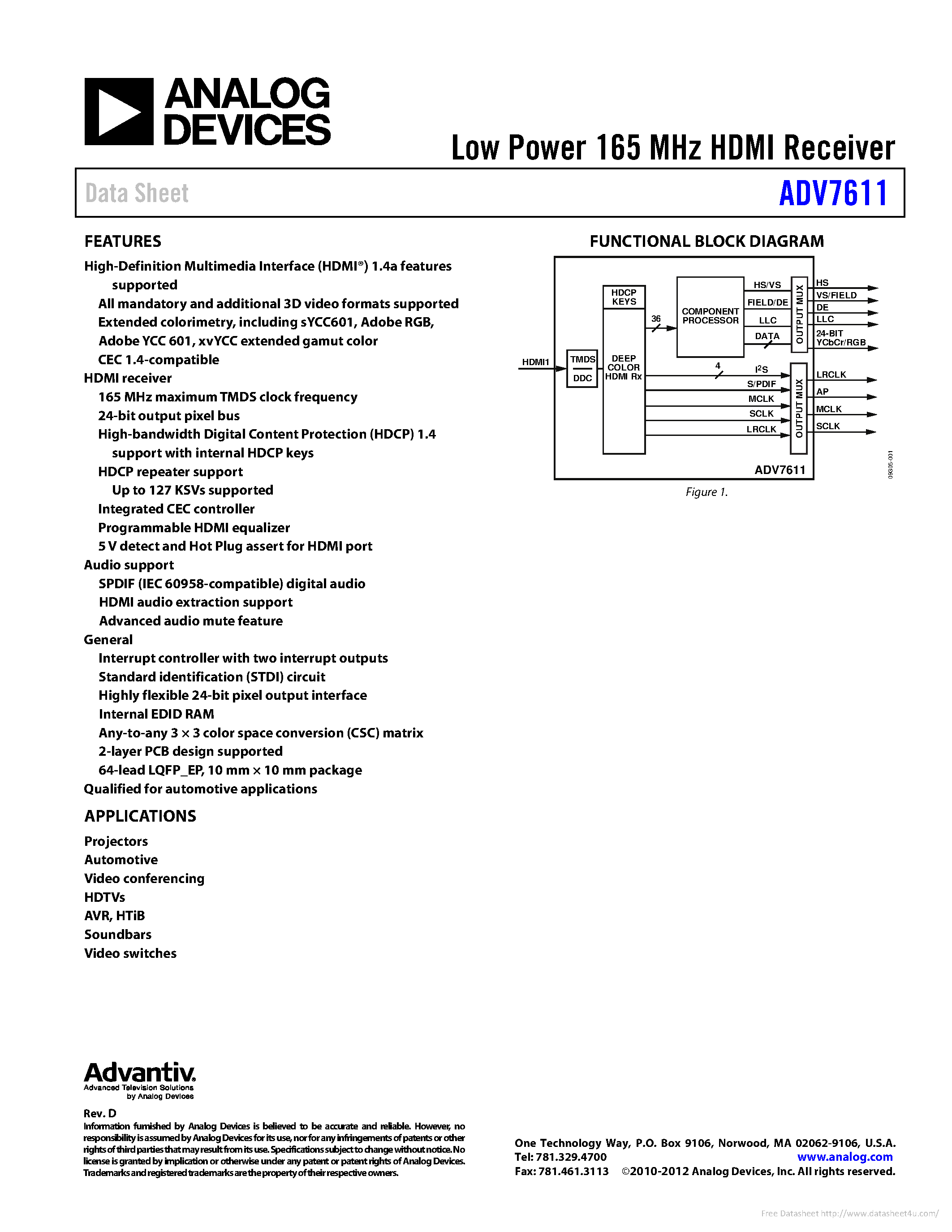 Даташит на микросхему ADV7611 страница 1 Даташит ADV7611 - страница 1
