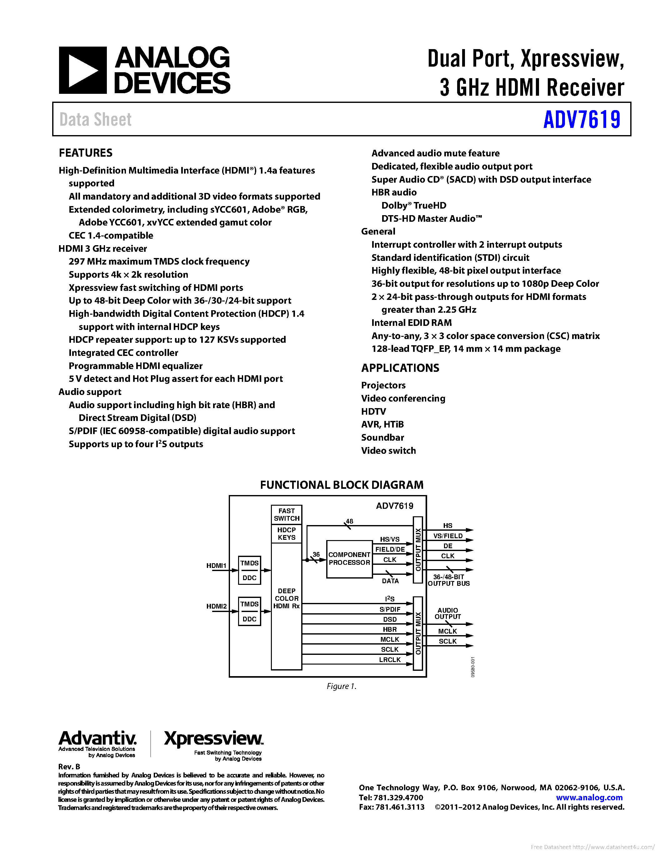 Даташит на микросхему ADV7619 страница 1 Даташит ADV7619 - страница 1