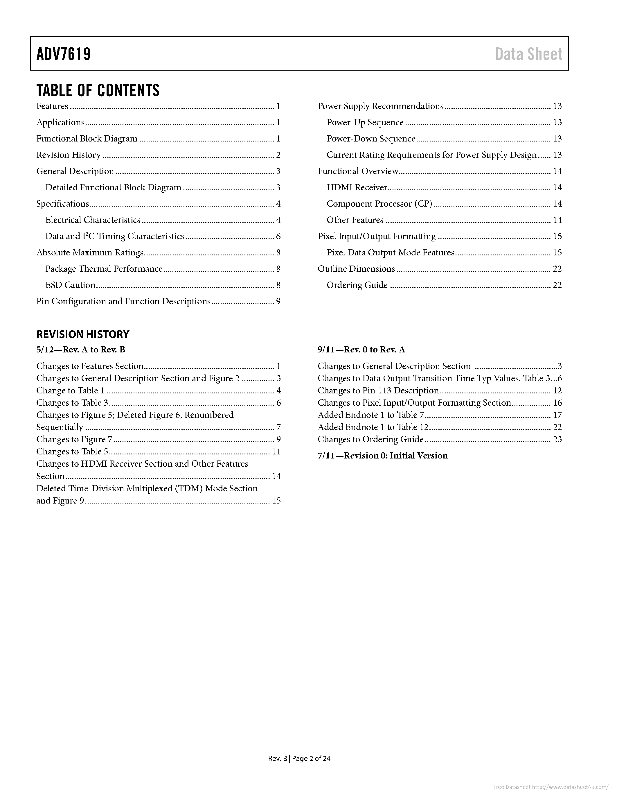 Даташит на микросхему ADV7619 страница 2 Даташит ADV7619 - страница 2
