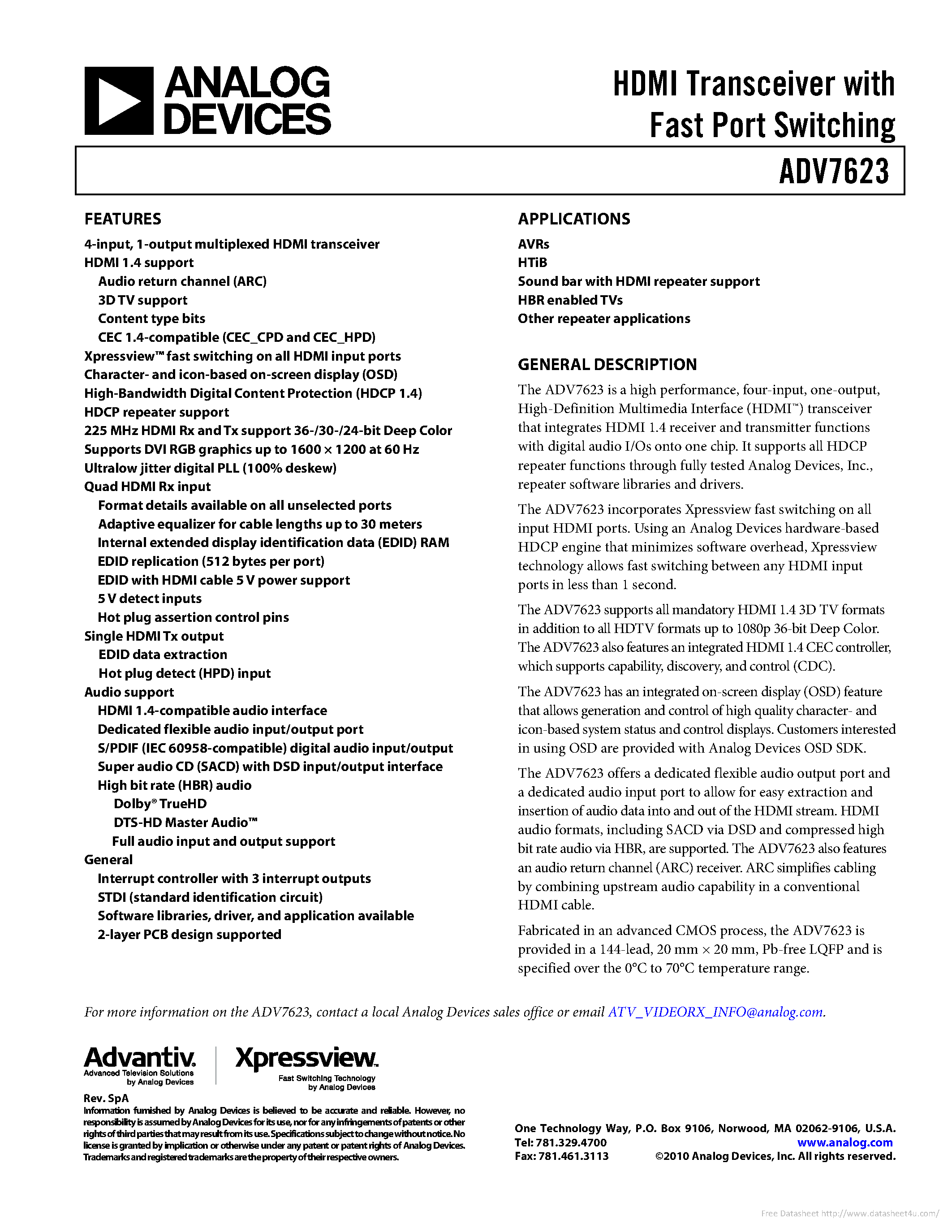 Даташит ADV7623 - страница 1