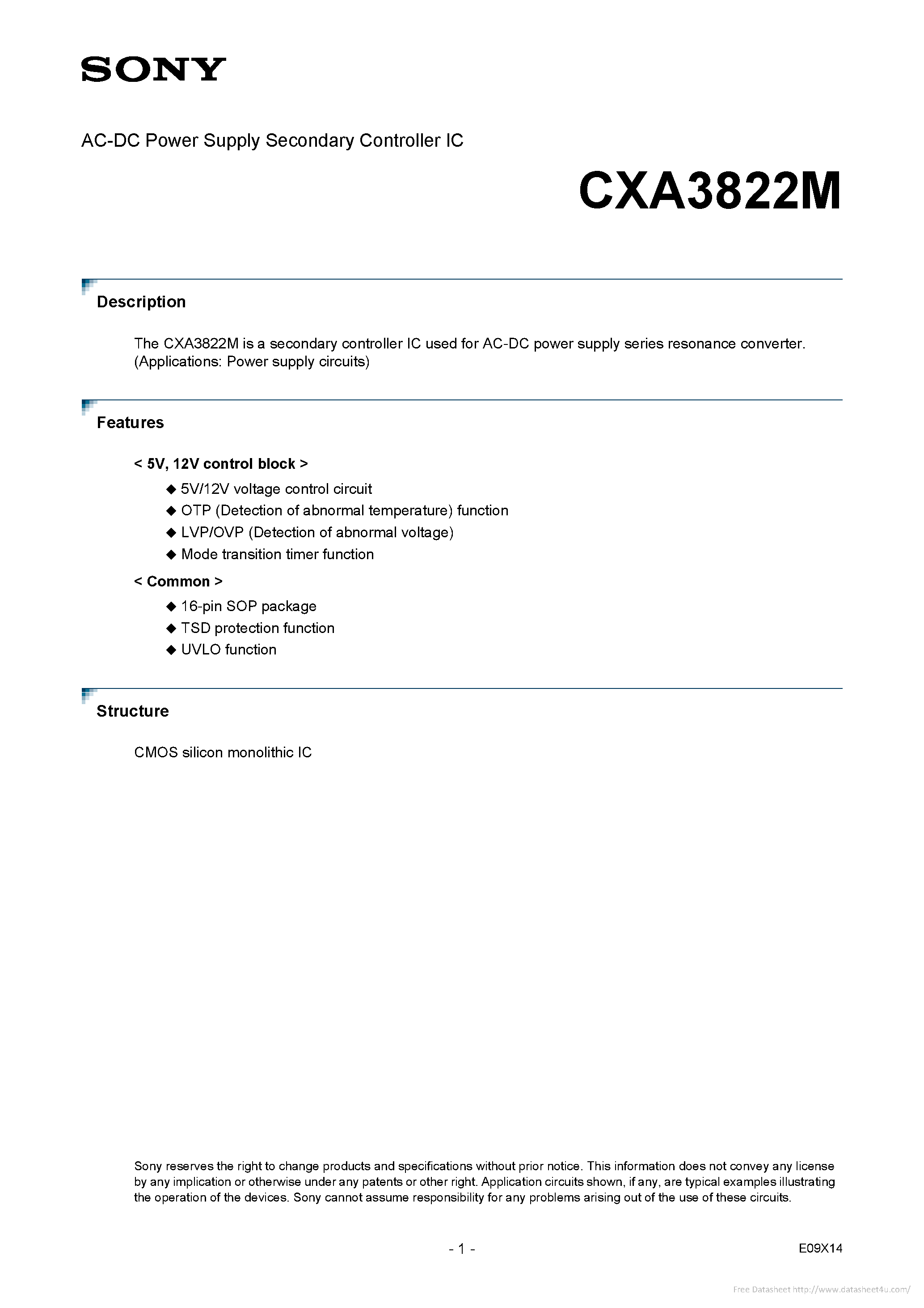 Datasheet CXA3822M page 1 Datasheet CXA3822M - page 1