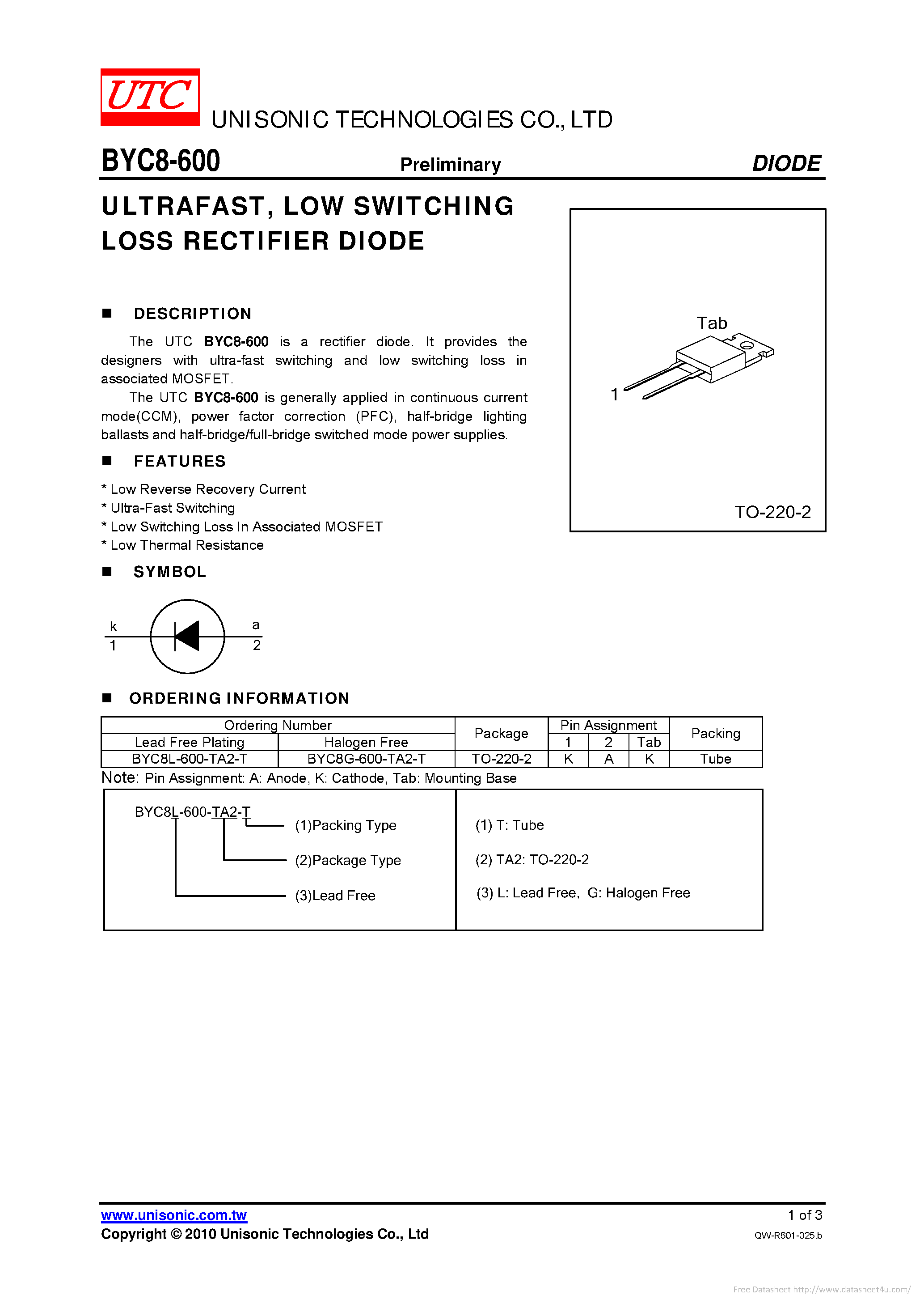 Даташит на микросхему BYC8-600 страница 1 Даташит BYC8-600 - страница 1