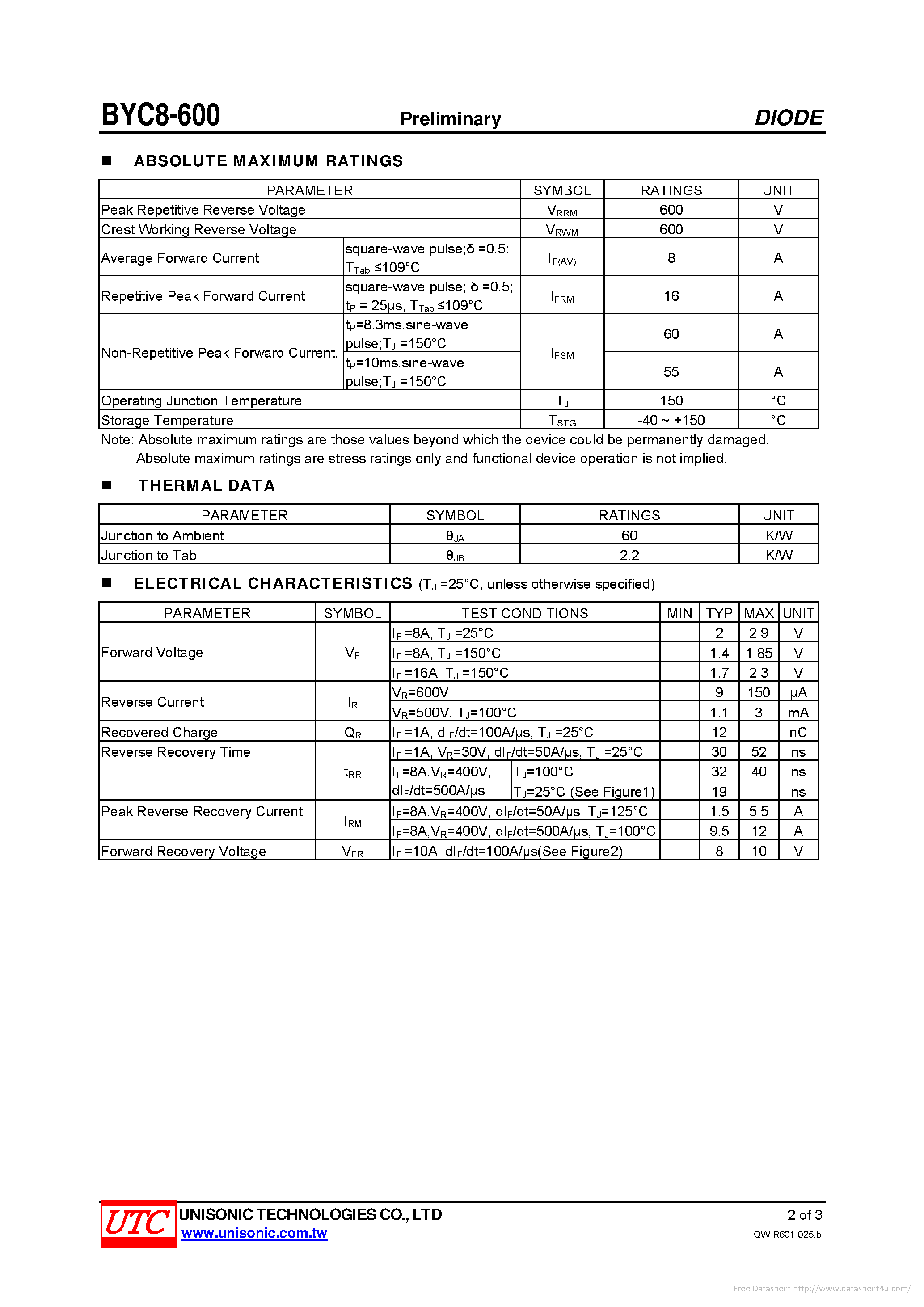 Даташит на микросхему BYC8-600 страница 2 Даташит BYC8-600 - страница 2