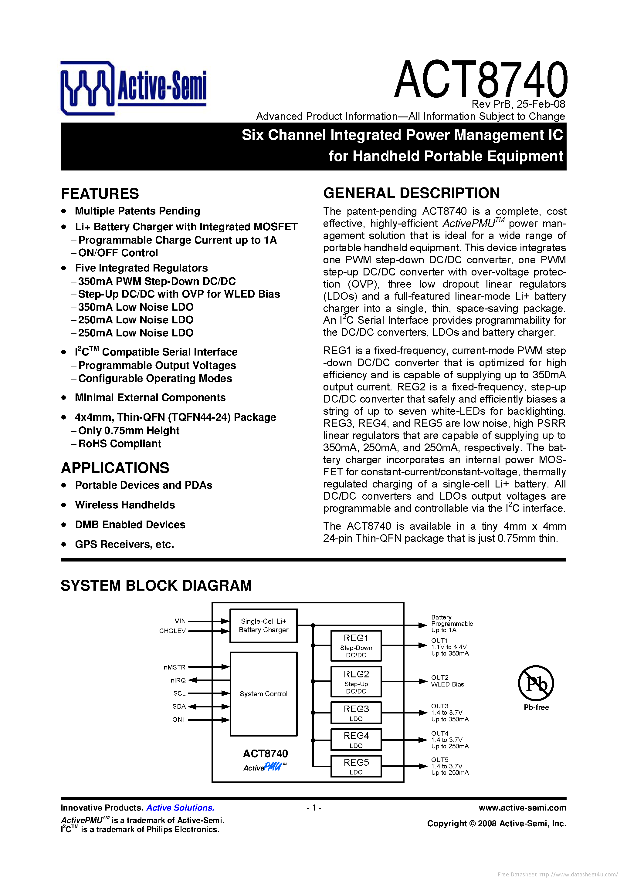 Даташит на микросхему ACT8740 страница 1 Даташит ACT8740 - страница 1