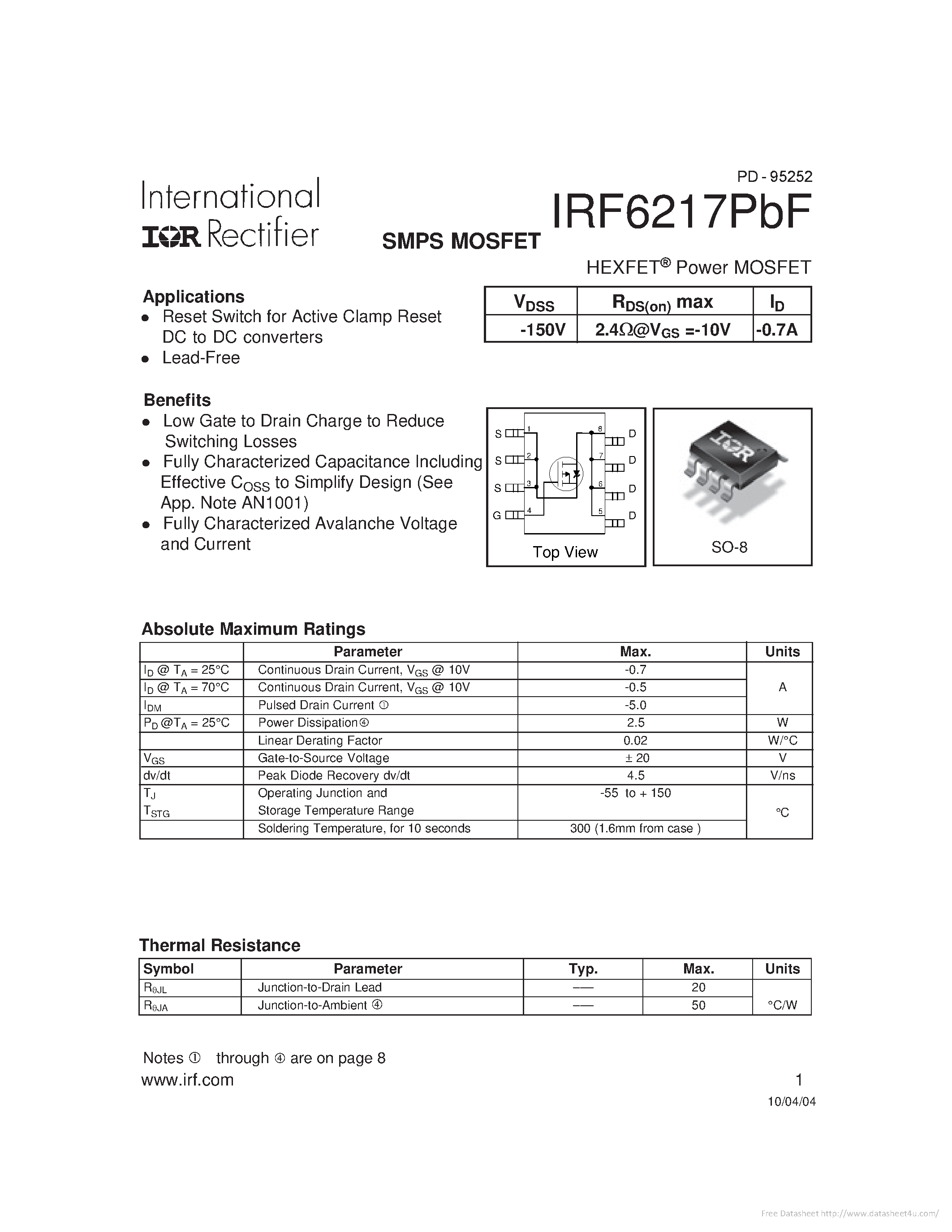 Datasheet IRF6217PBF - page 1
