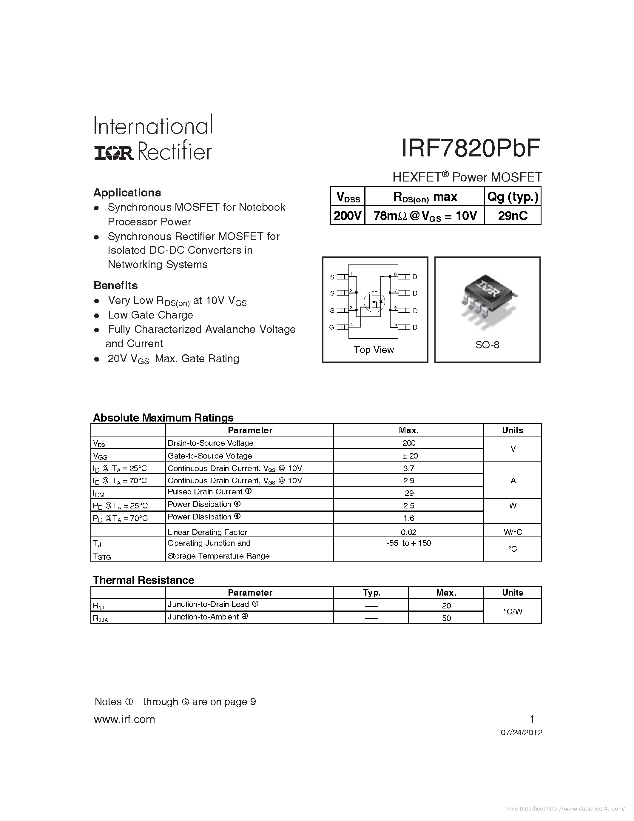 Datasheet IRF7820PBF - page 1