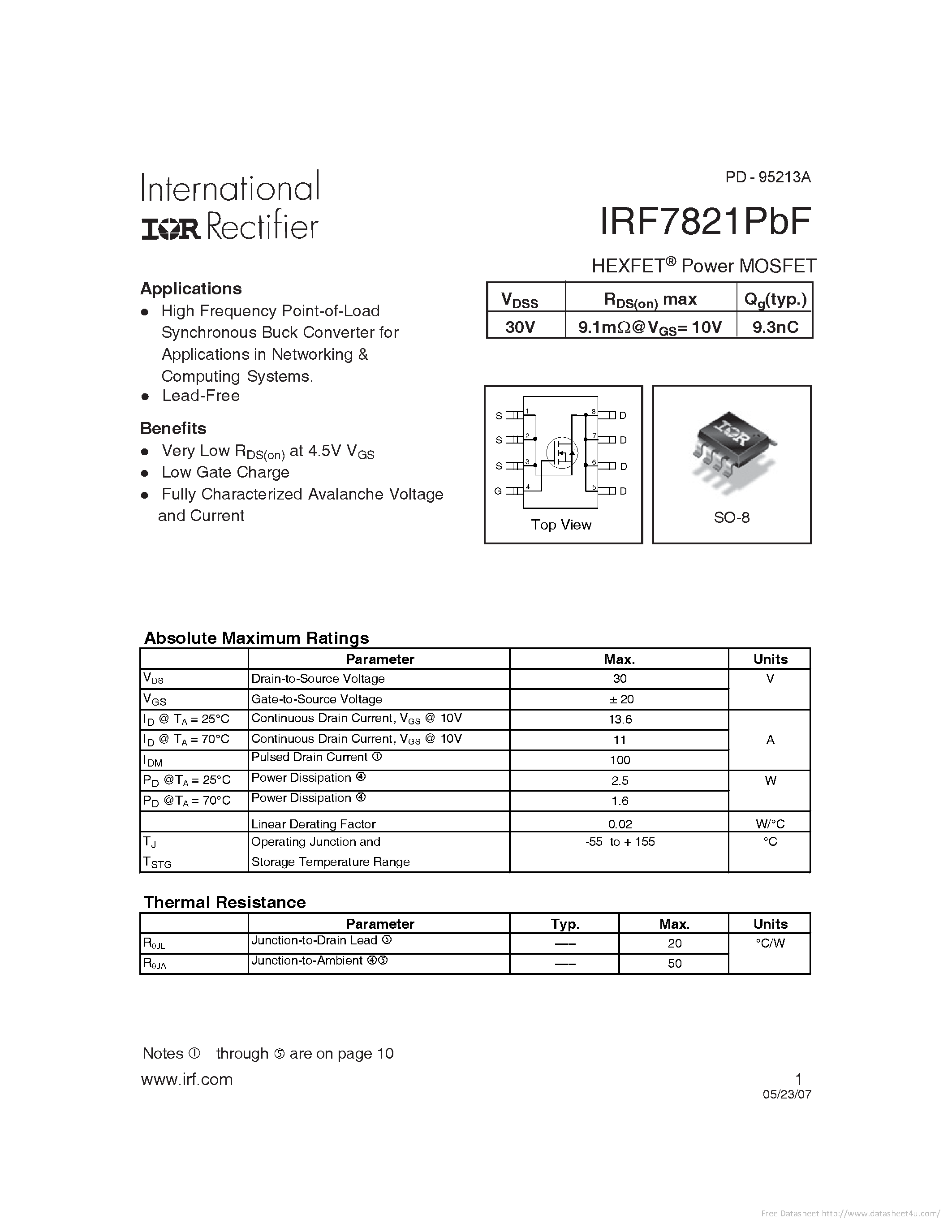 Datasheet IRF7821PBF - page 1