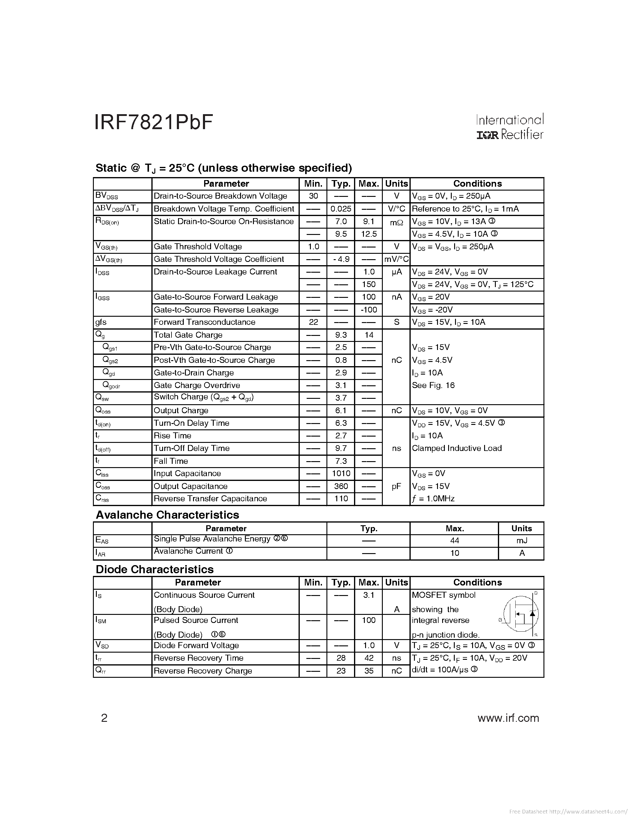 Datasheet IRF7821PBF - page 2