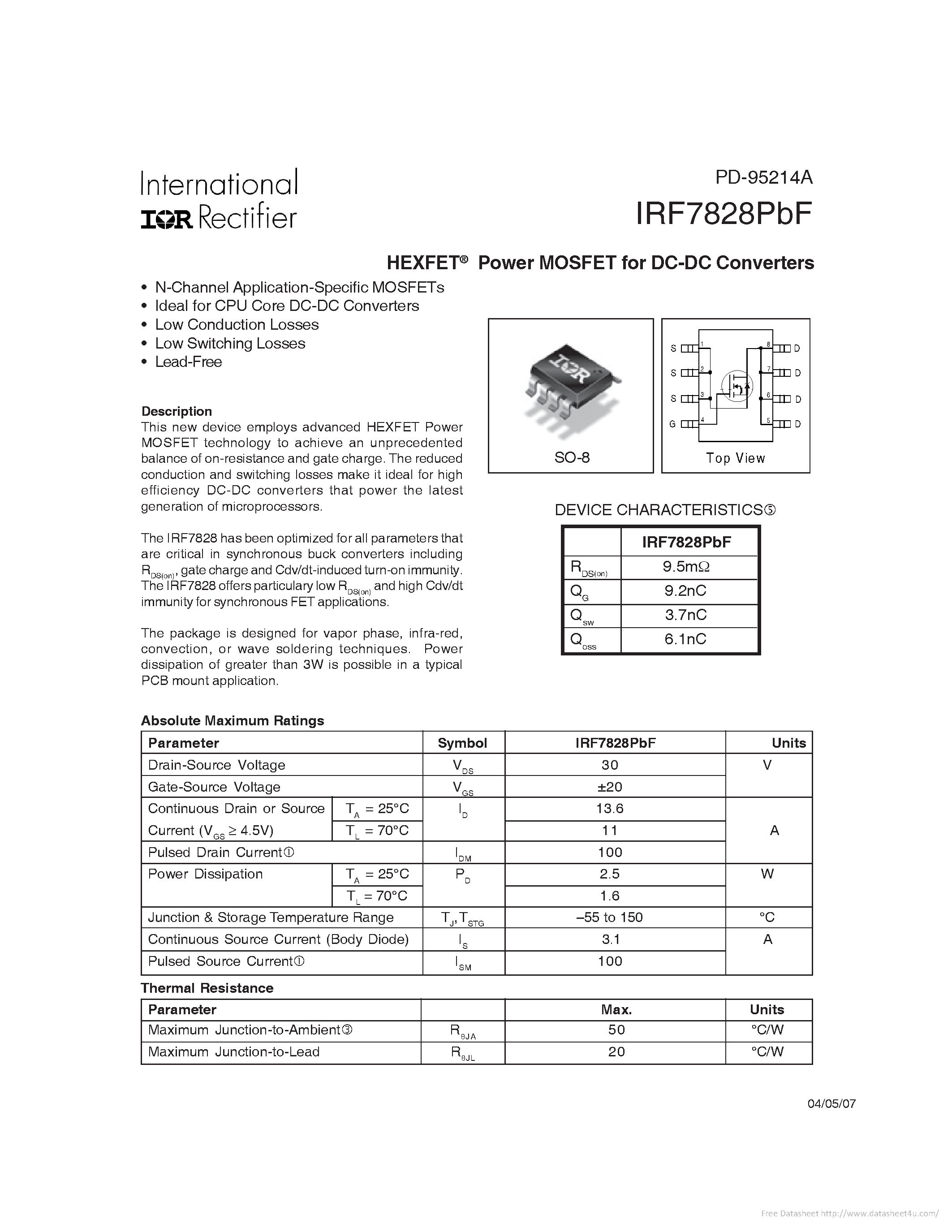 Datasheet IRF7828PBF page 1 Datasheet IRF7828PBF - page 1