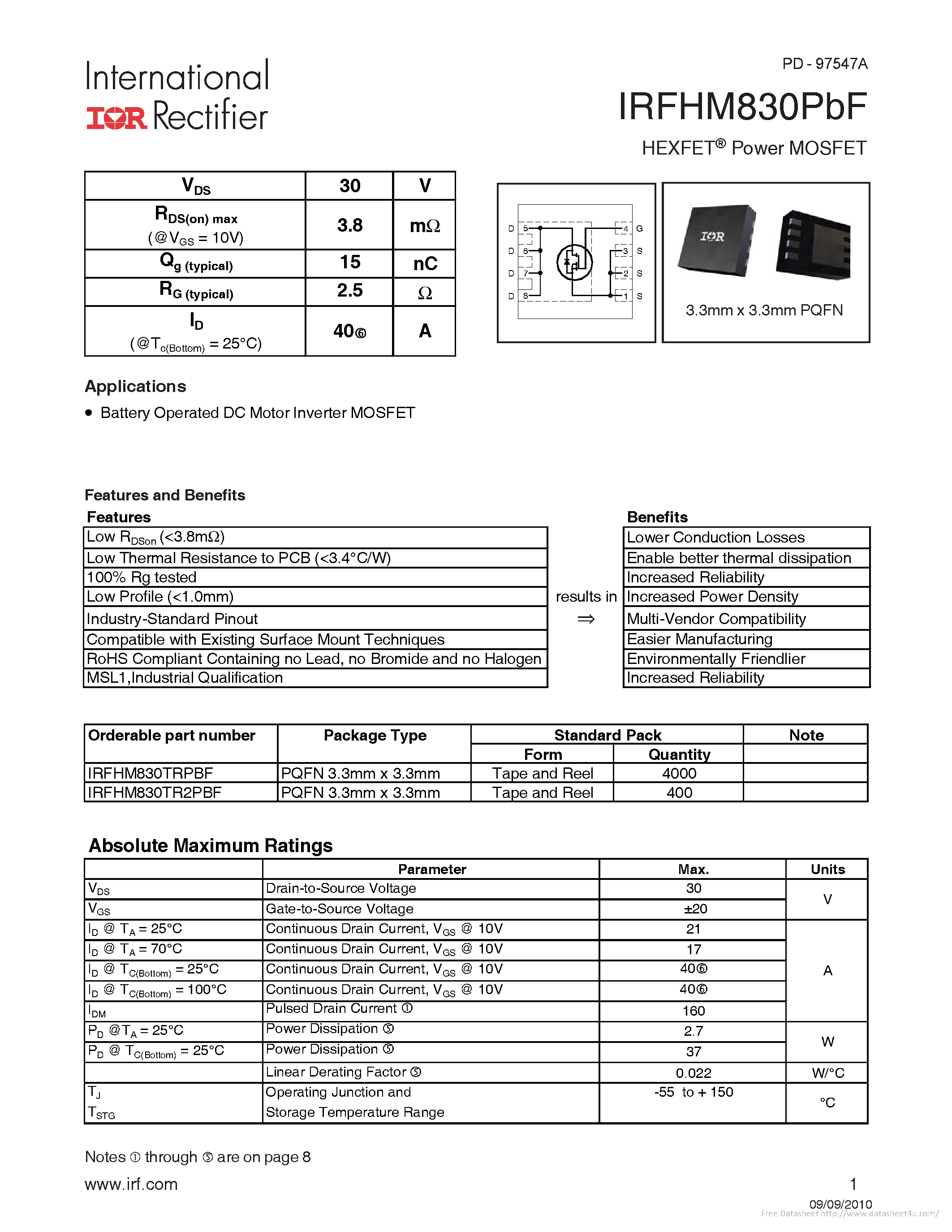 Даташит на микросхему IRFHM830PBF страница 1 Даташит IRFHM830PBF - страница 1