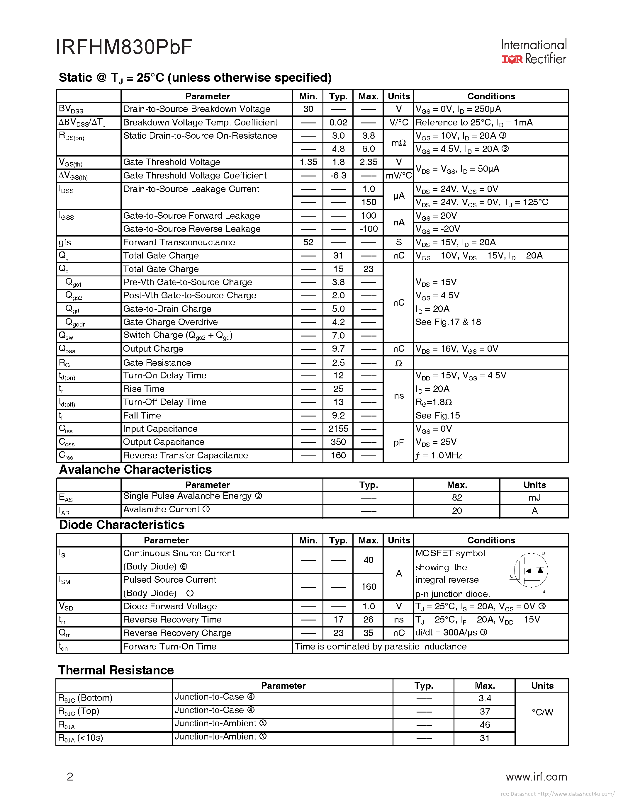 Даташит на микросхему IRFHM830PBF страница 2 Даташит IRFHM830PBF - страница 2