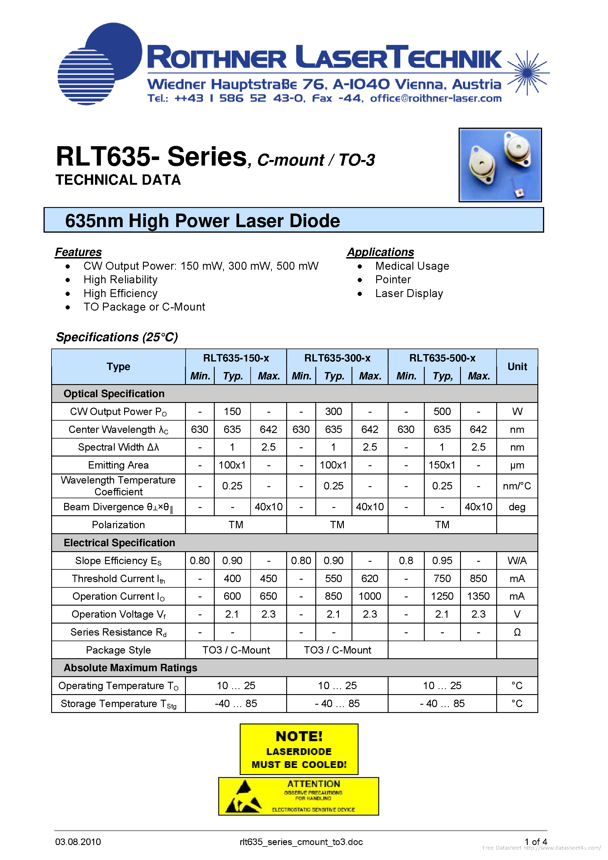 Datasheet RLT635-150-x page 1 Datasheet RLT635-150-x - page 1