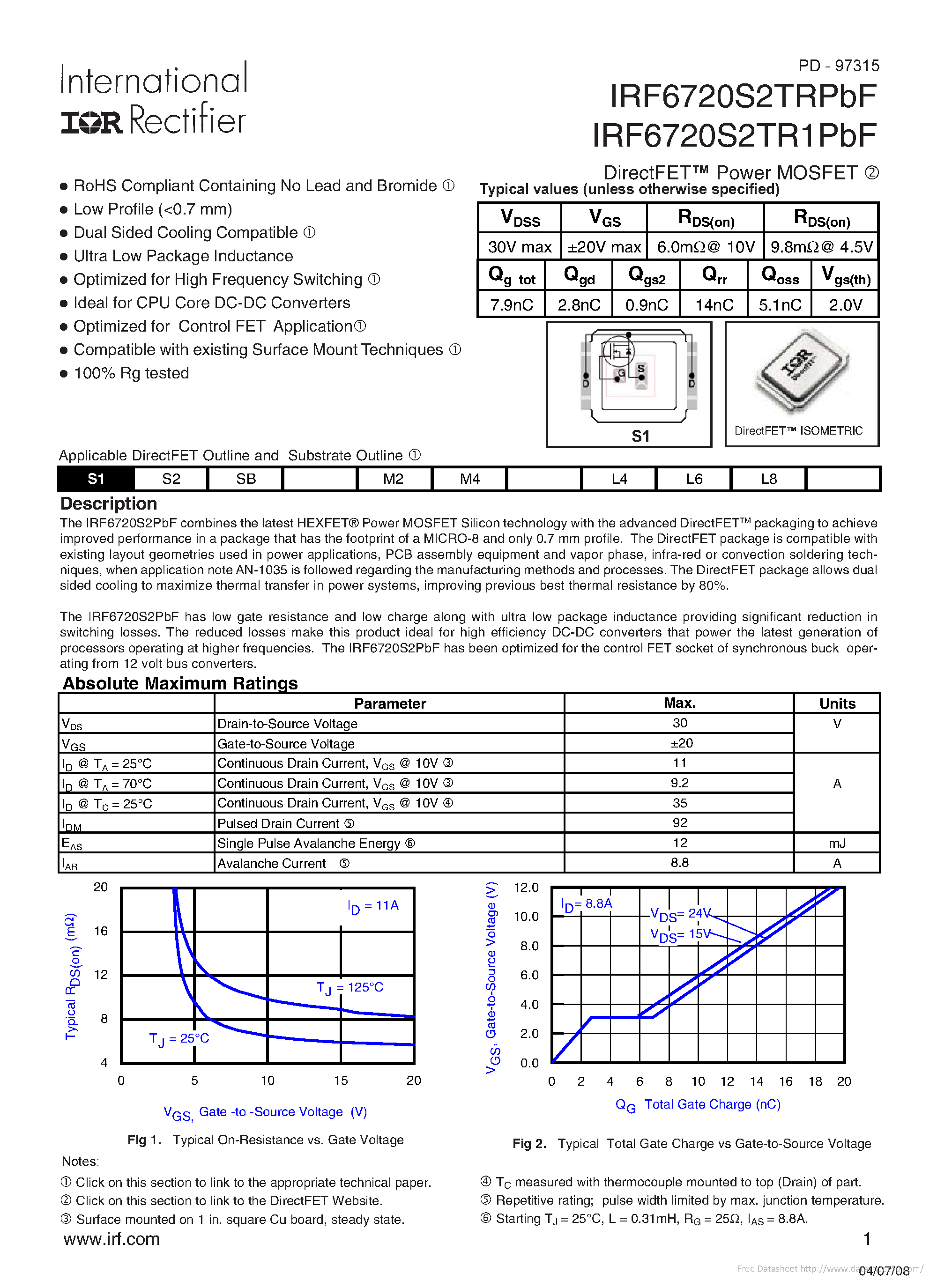 Datasheet IRF6720S2TR1PBF page 1 Datasheet IRF6720S2TR1PBF - page 1