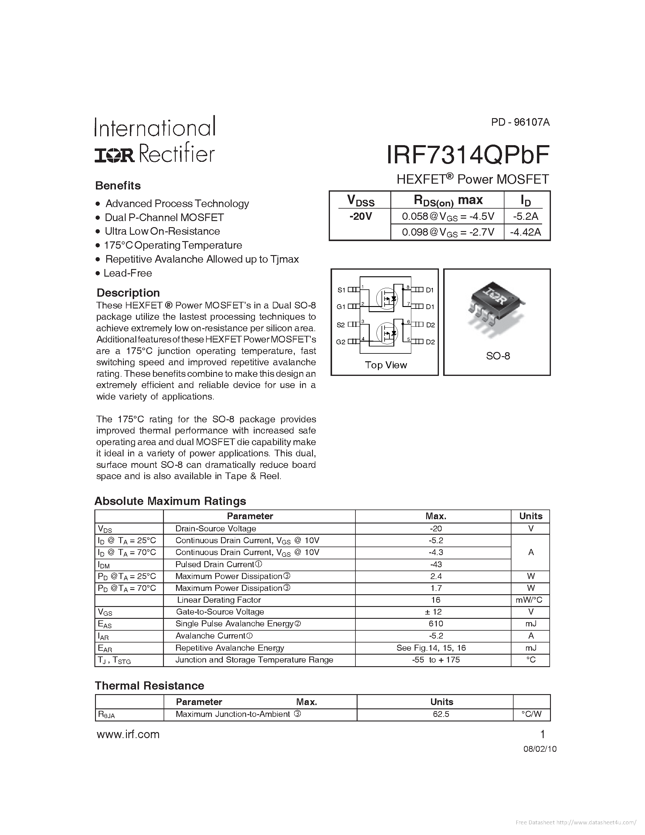 Datasheet IRF7314QPBF page 1 Datasheet IRF7314QPBF - page 1