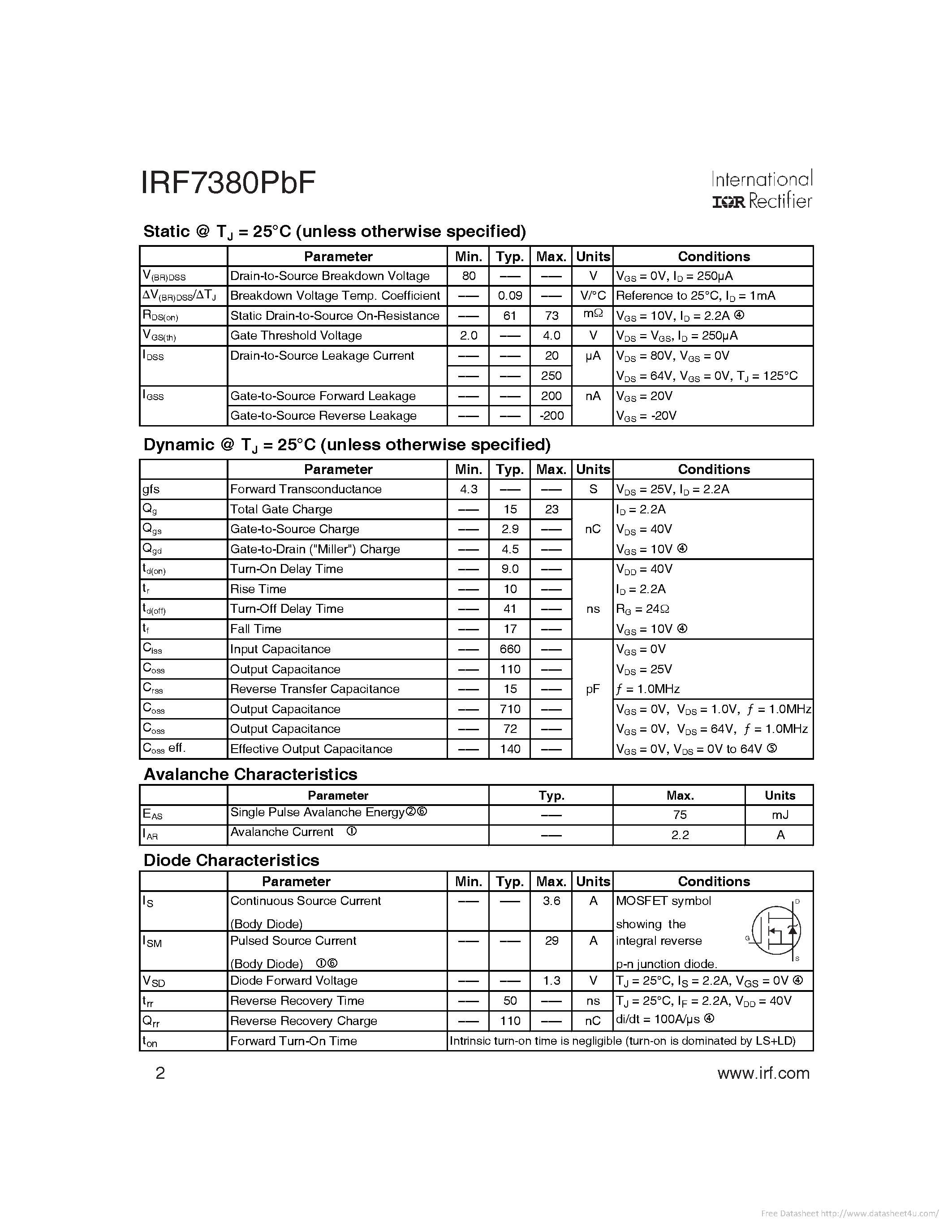Datasheet IRF7380PBF page 2 Datasheet IRF7380PBF - page 2