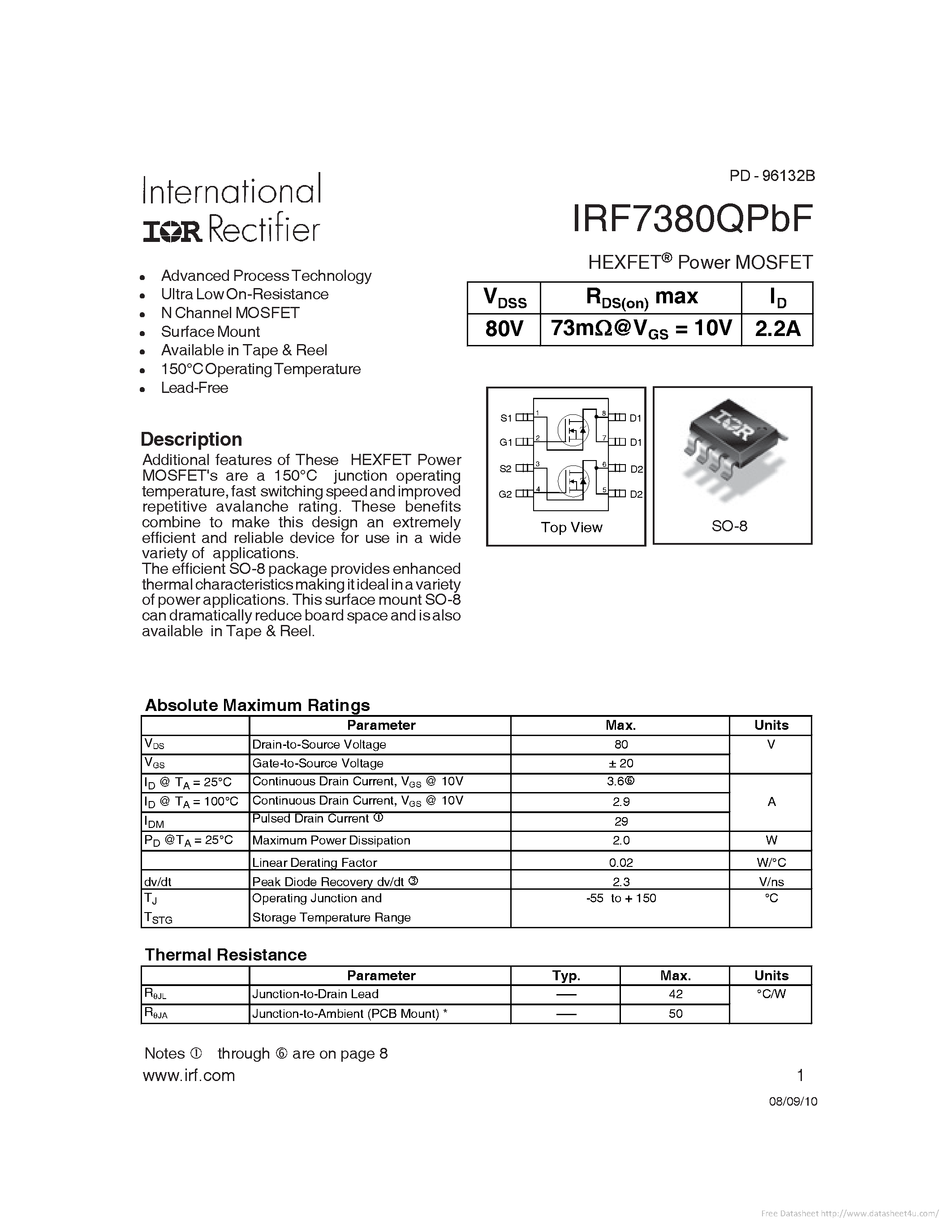 Datasheet IRF7380QPBF page 1 Datasheet IRF7380QPBF - page 1