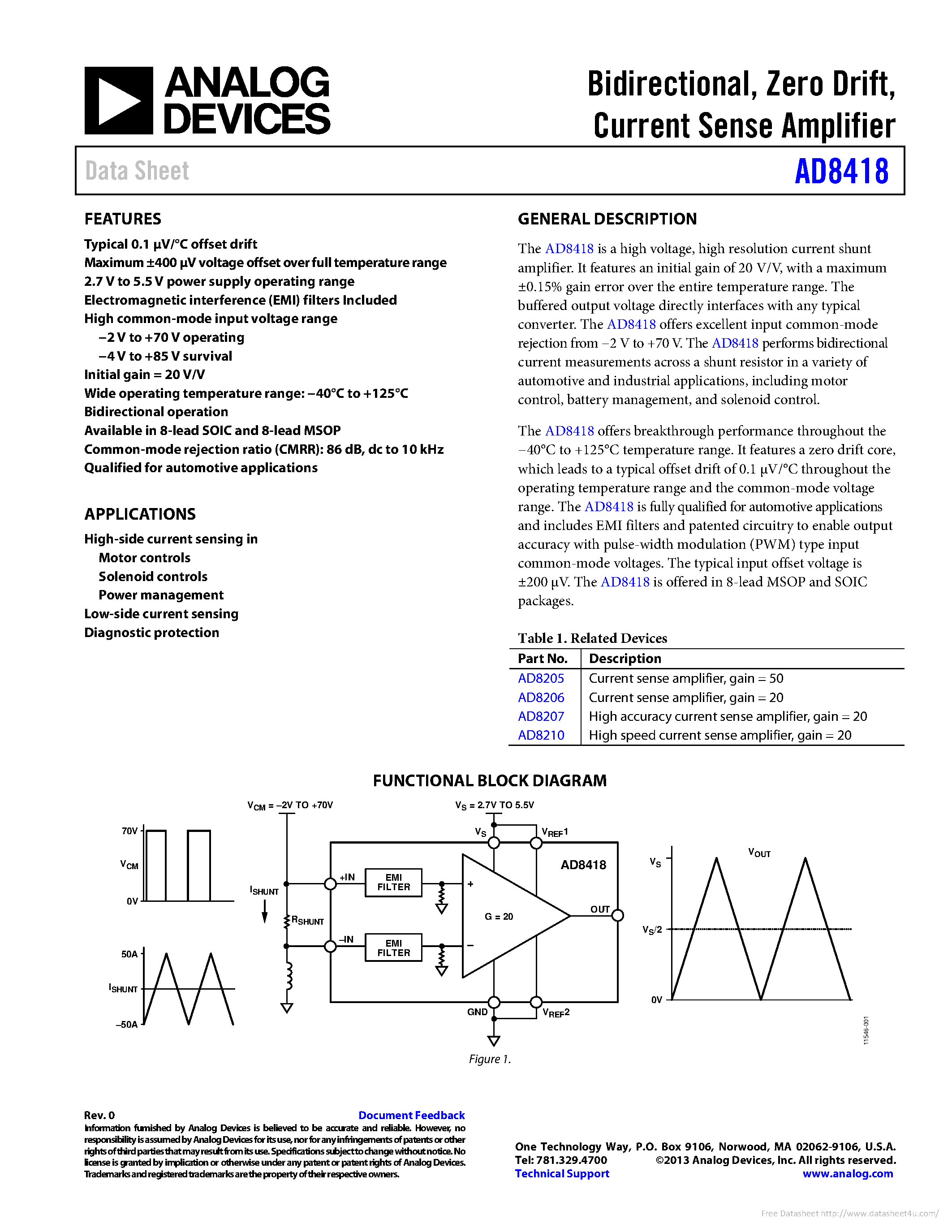 Даташит на микросхему AD8418 страница 1 Даташит AD8418 - страница 1