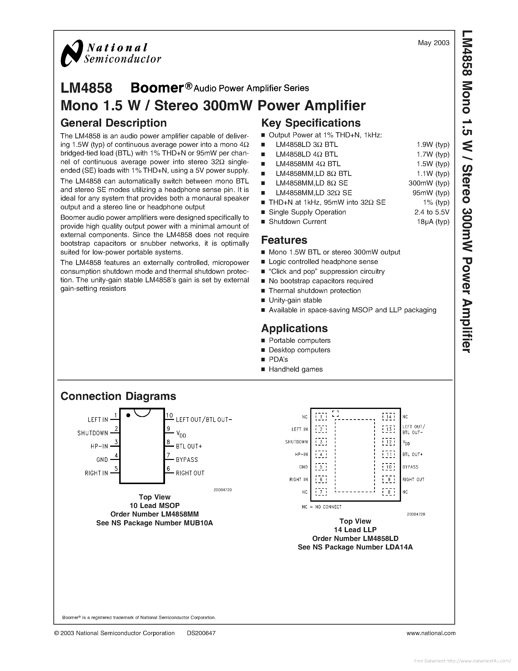 Даташит на микросхему LM4858 страница 1 Даташит LM4858 - страница 1